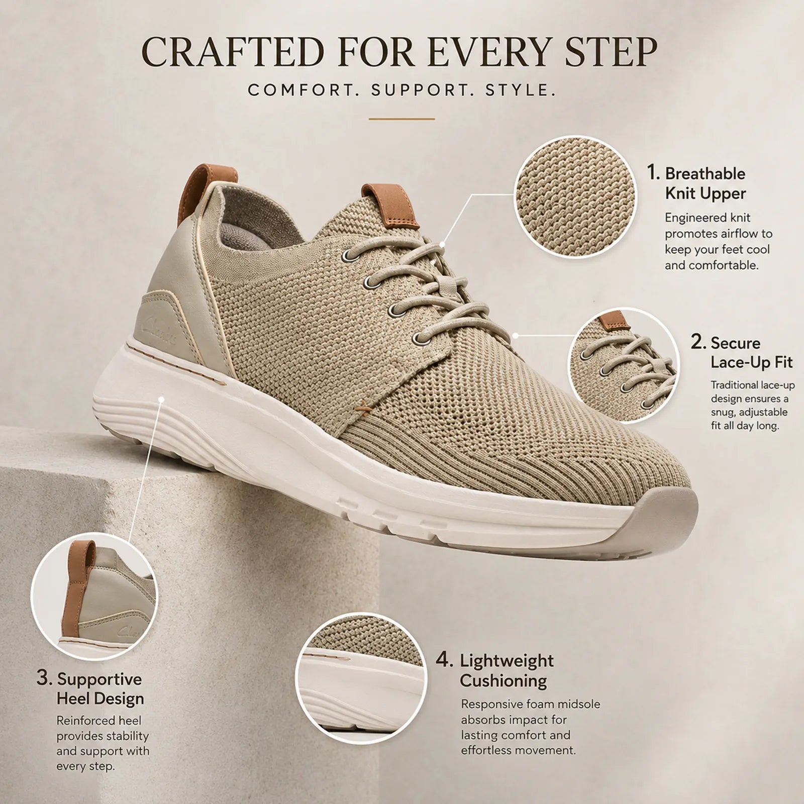 Men's beige lace-up sneakers with knit upper and white sole with tan heel tab