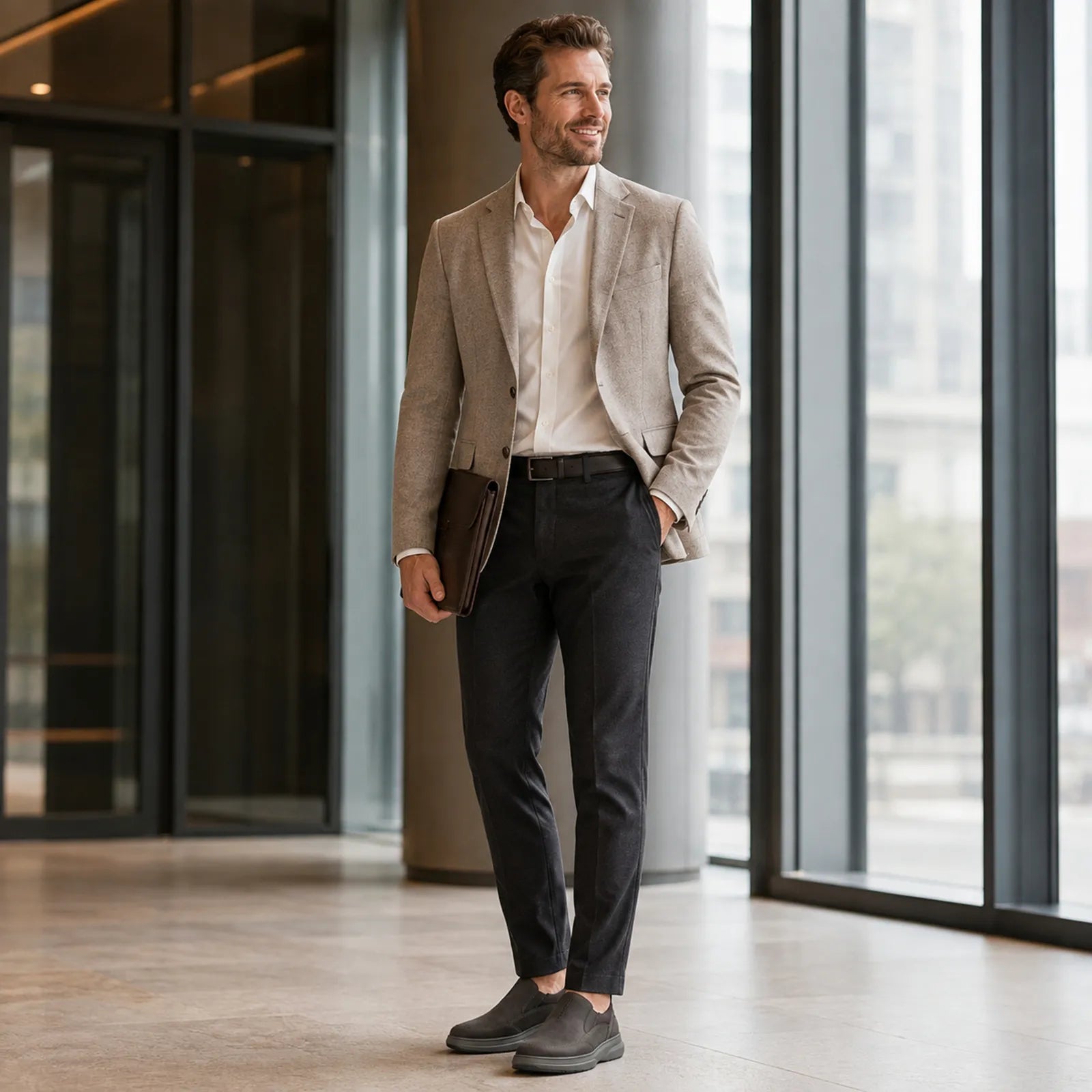Men's black leather slip-on business shoes on a standing man