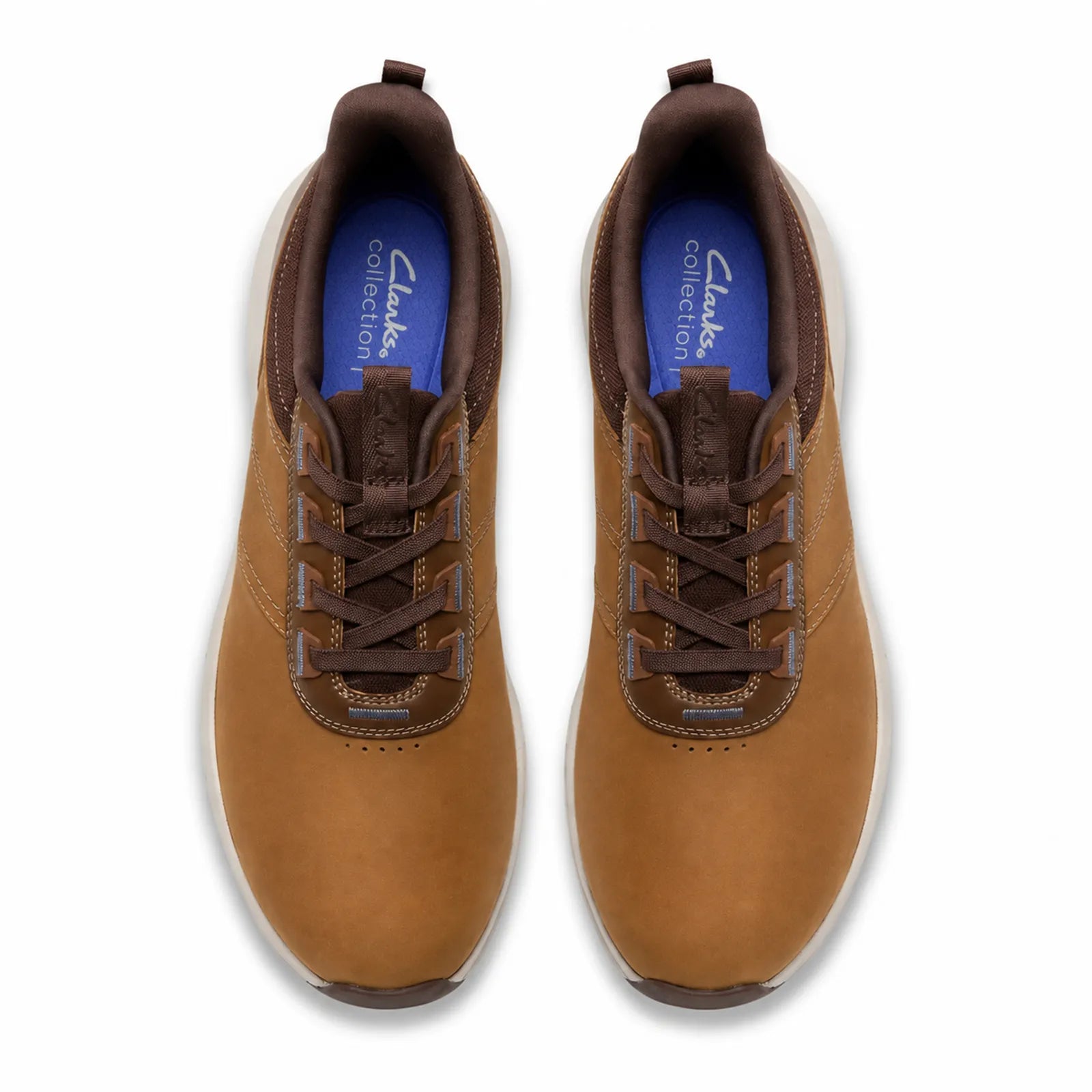Men's tan lace-up sneakers with padded collar and blue-accent lining
