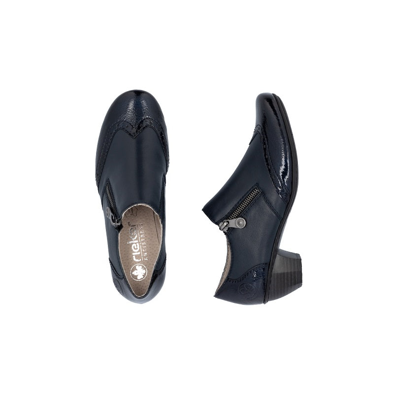 Women's zip casual ankle boots, dark blue leather-look, rounded toe, low block heel