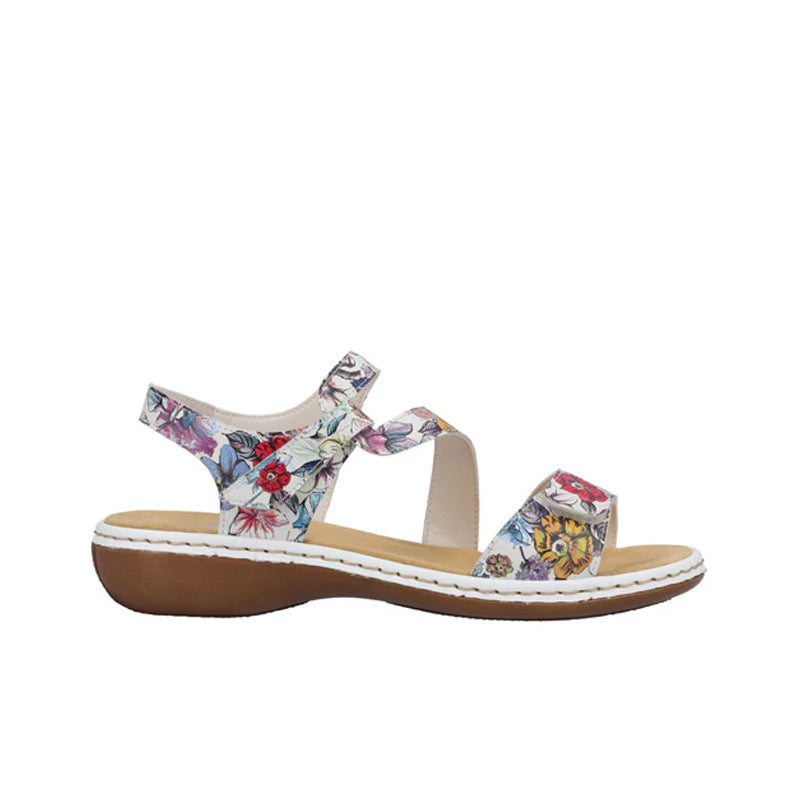 Multicolour floral casual sandals with two straps and adjustable buckle, cushioned sole
