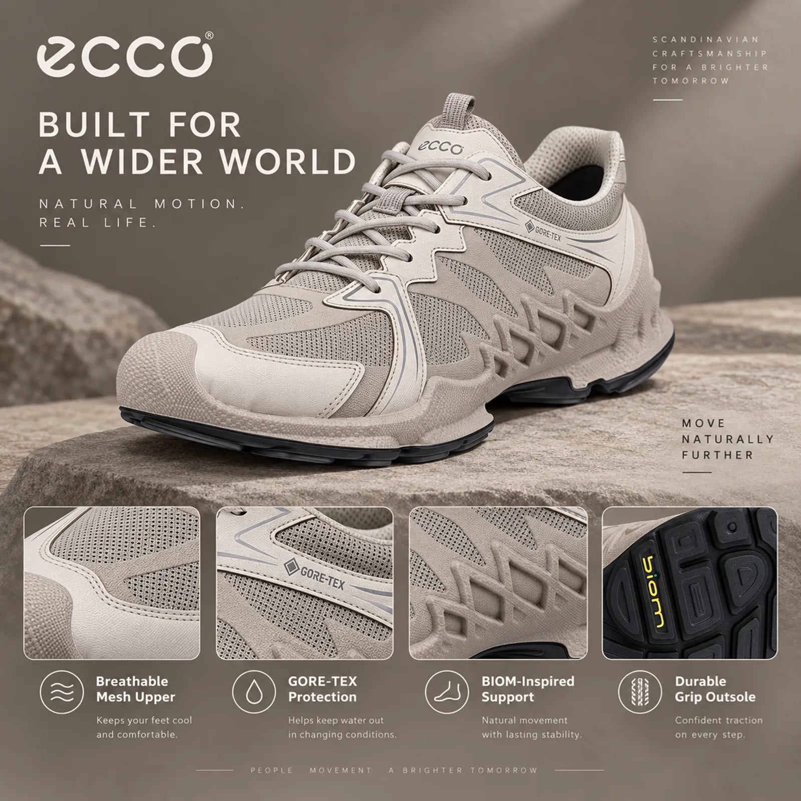 ECCO Biom Aex men's Grey leather textile Gore Tex lace up casual sneakers, outsole and stitching detail