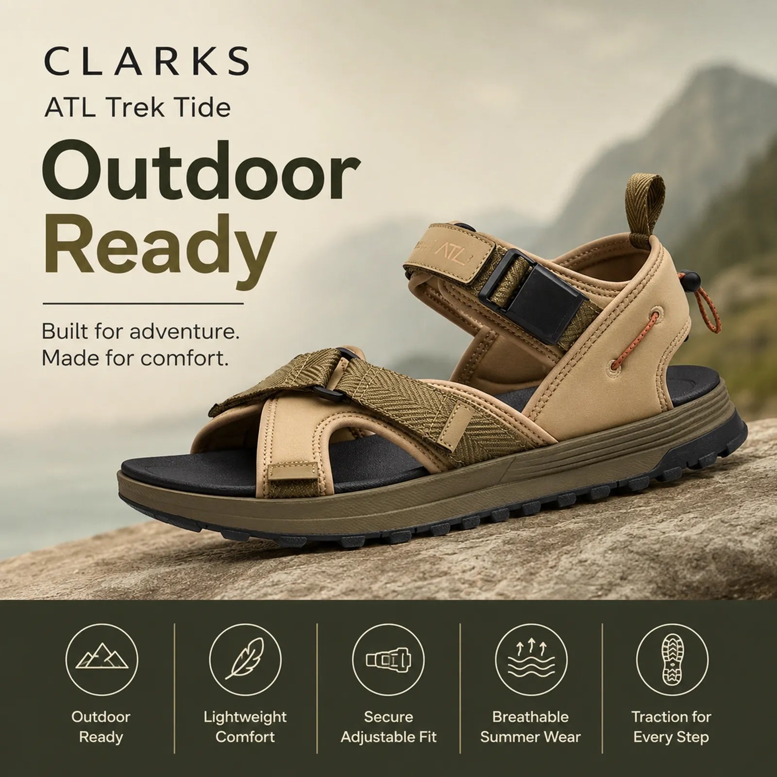Men's outdoor sandals, beige leather upper with navy heel strap and rubber sole
