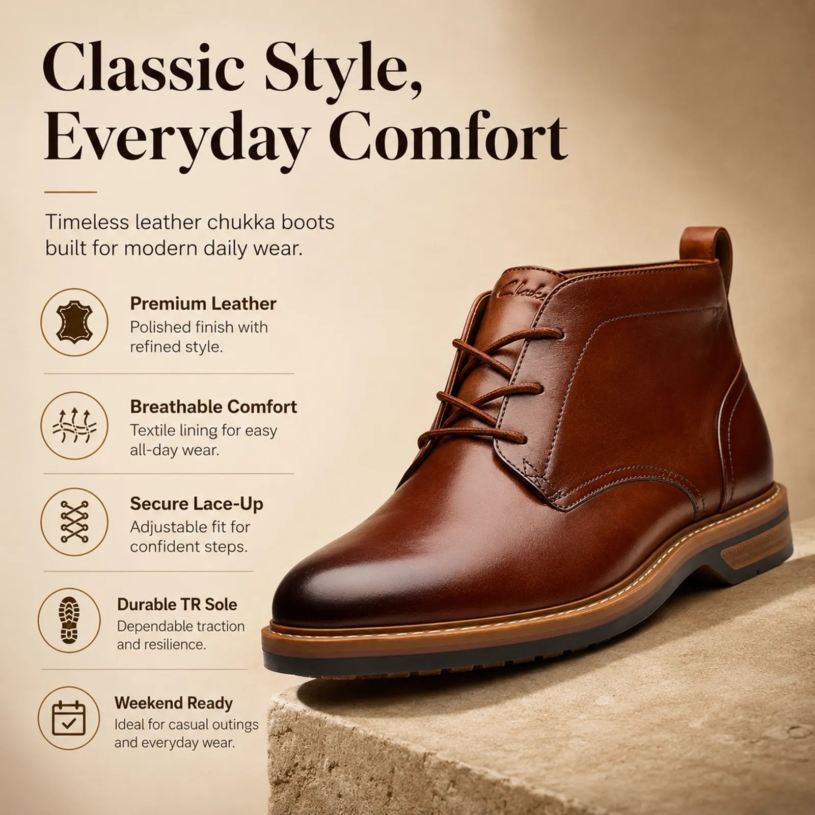 Brown leather men’s chukka boots with lace-up closure and padded collar, side view