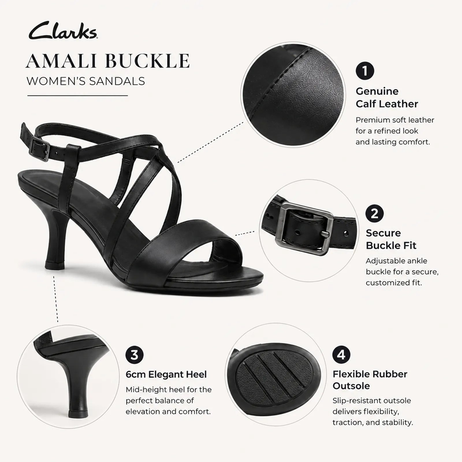 Black leather women's heeled sandals with adjustable buckle straps and patterned sole