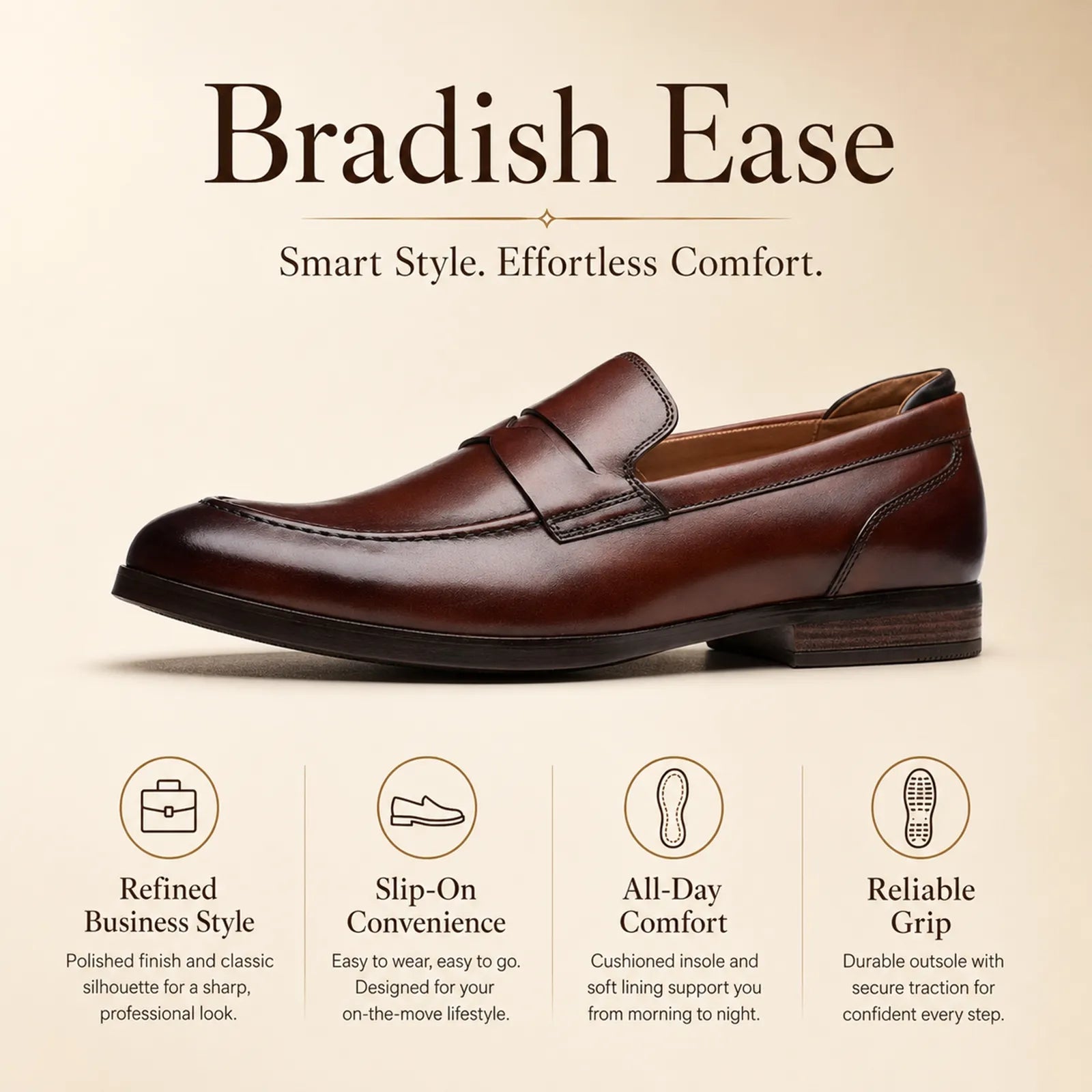 Men’s dark leather slip-on loafer shoe with smooth upper and low block heel