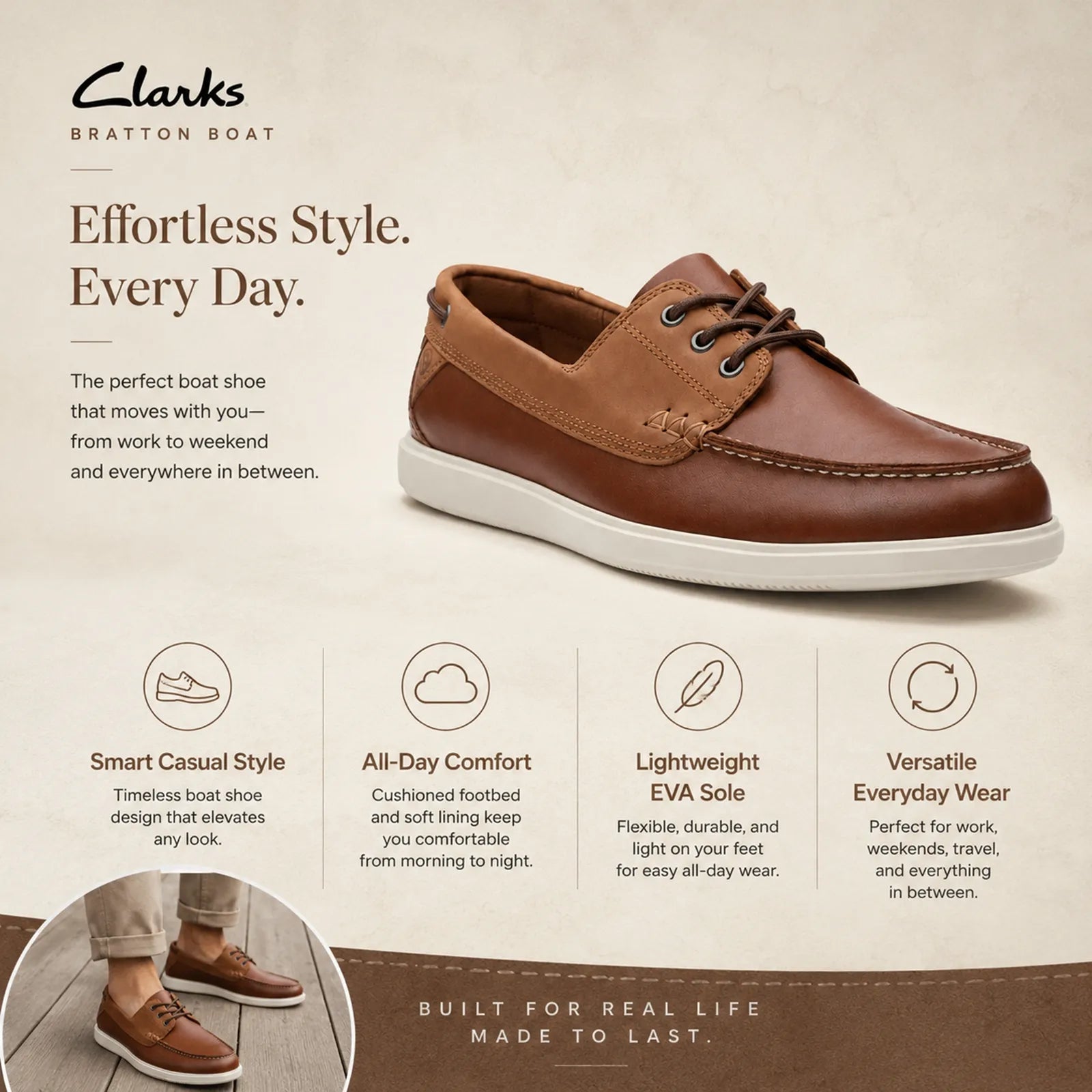 Men's leather boat loafer in brown with lace-up and white sole