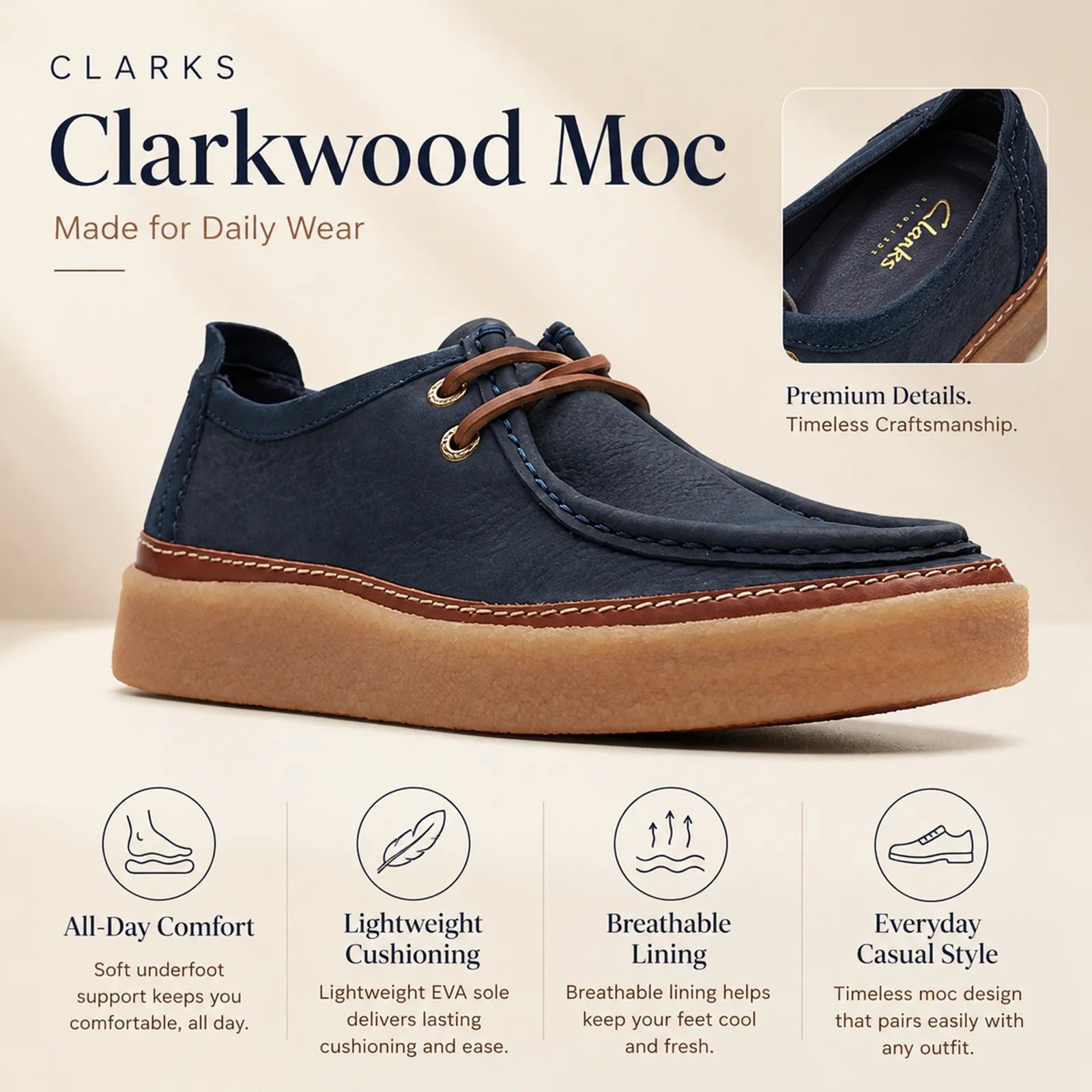 Men's suede moc toe loafers in dark blue, lace-up vamp with tan cushioned sole