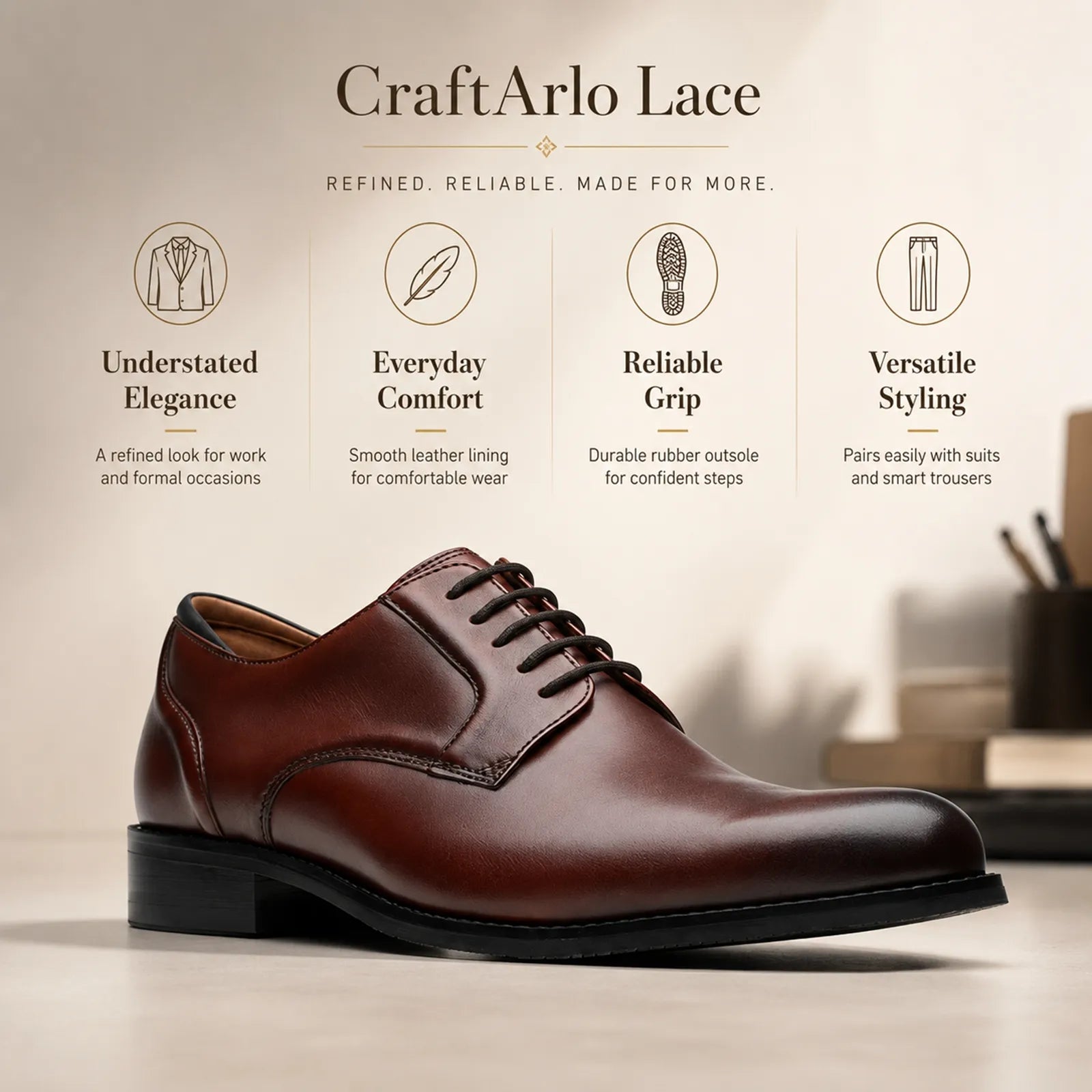 Men's oxblood leather lace-up dress shoes with black sole and stitched paneling
