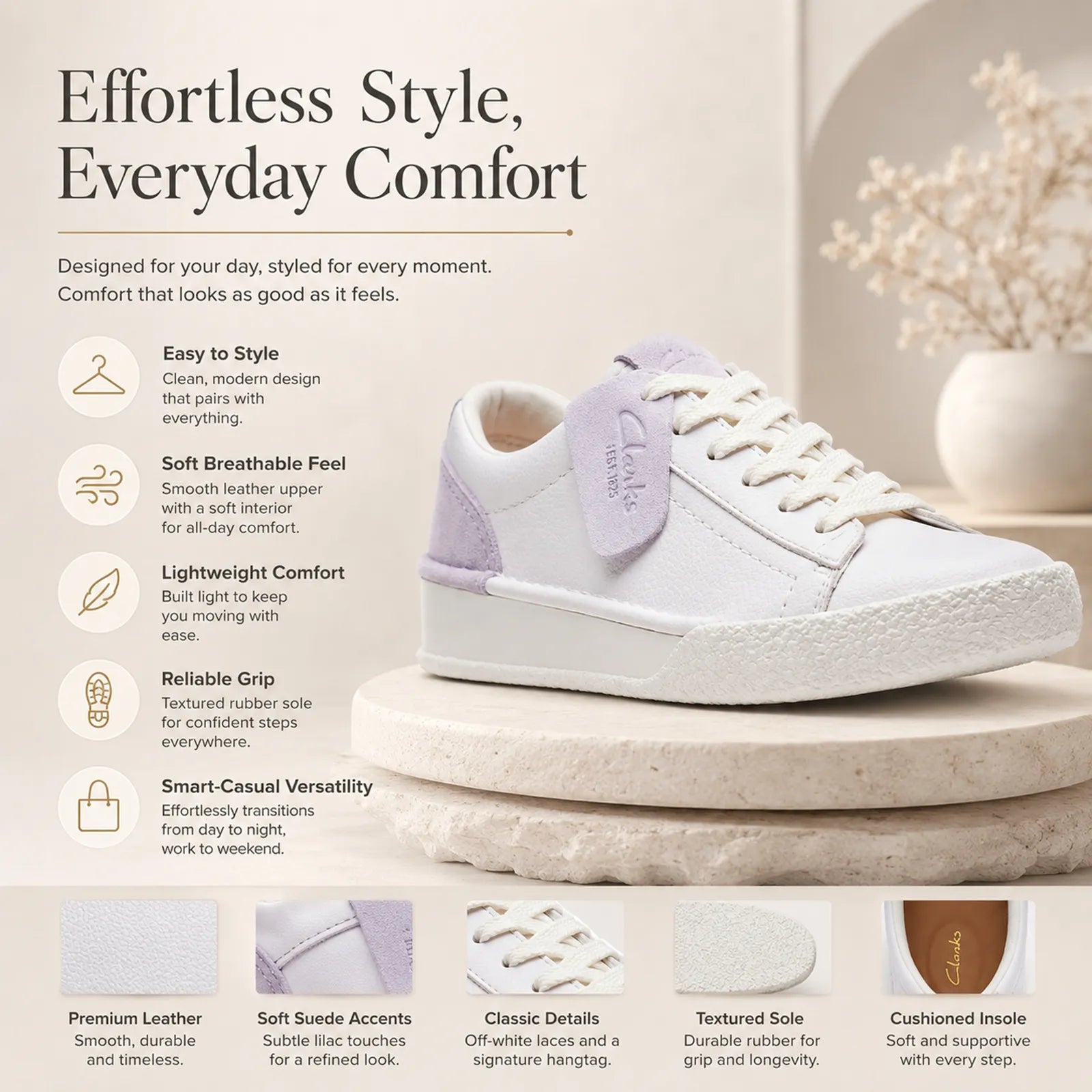Women’s white and lilac leather lace-up sneakers with textured rubber sole