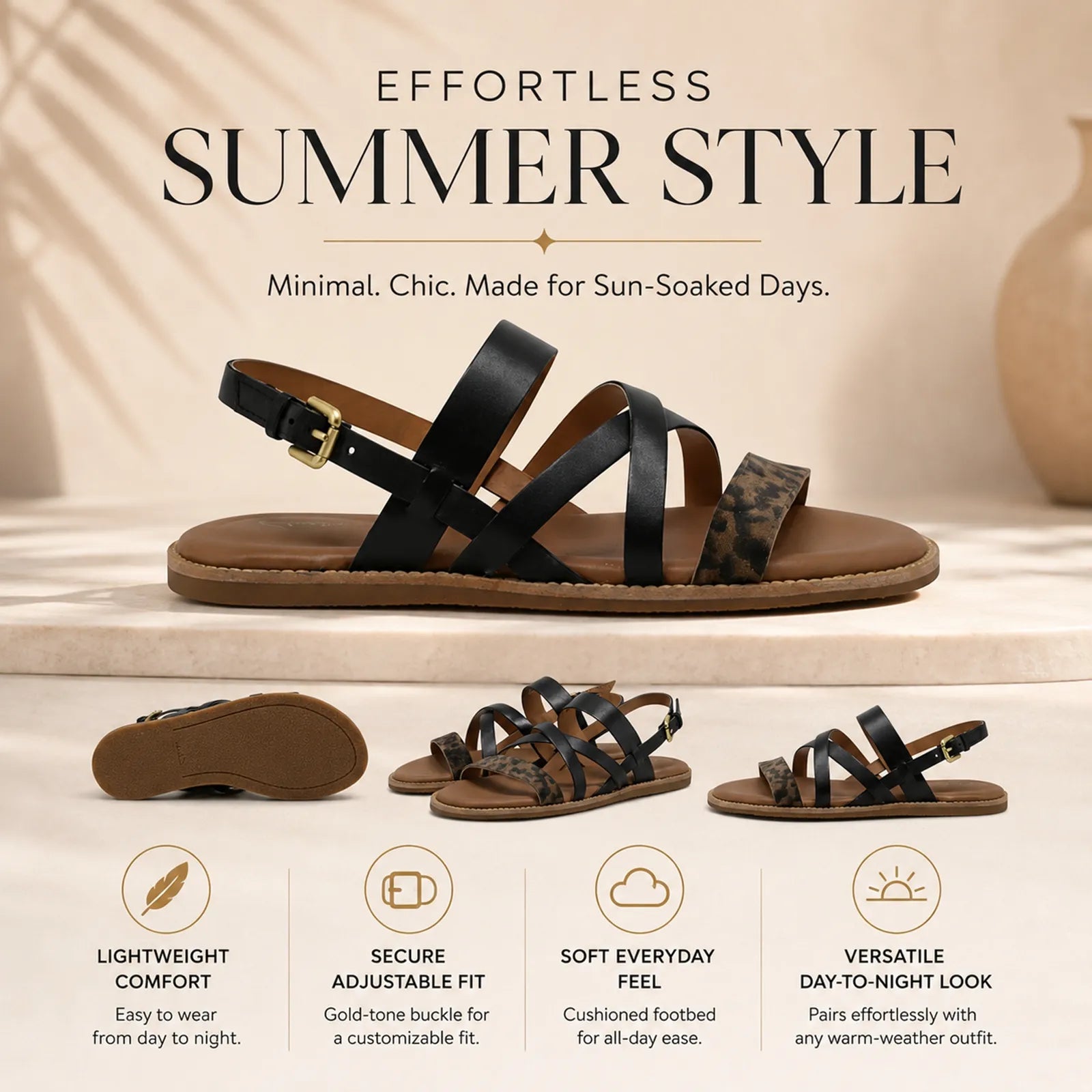 Women’s strappy leather sandal, black adjustable buckle straps and leopard toe strap.