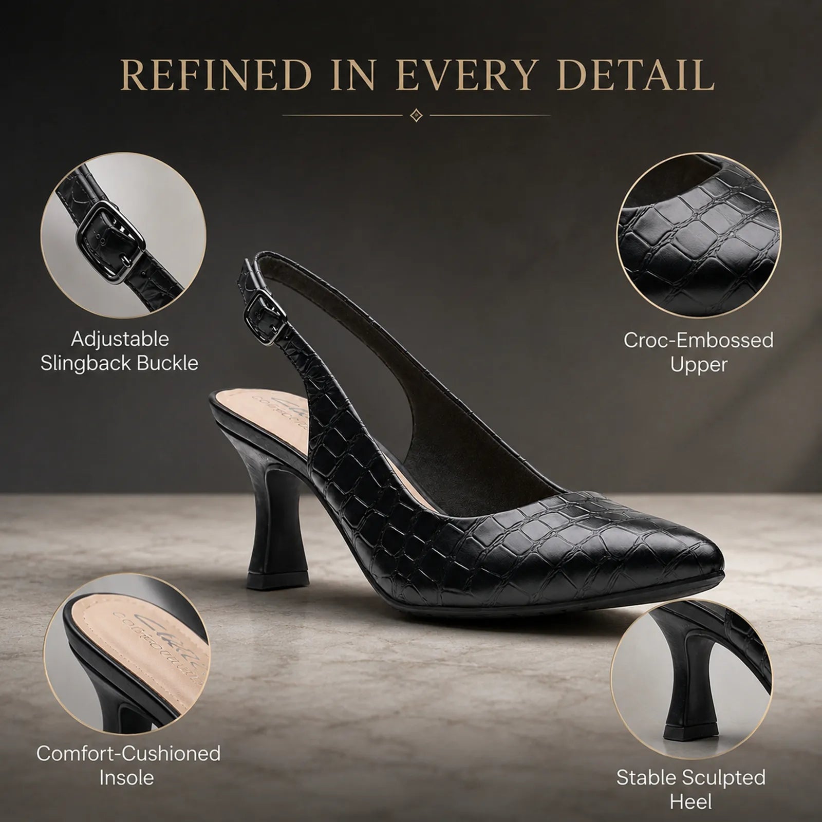 Women's black croc-embossed slingback pump with adjustable buckle and sculpted block heel