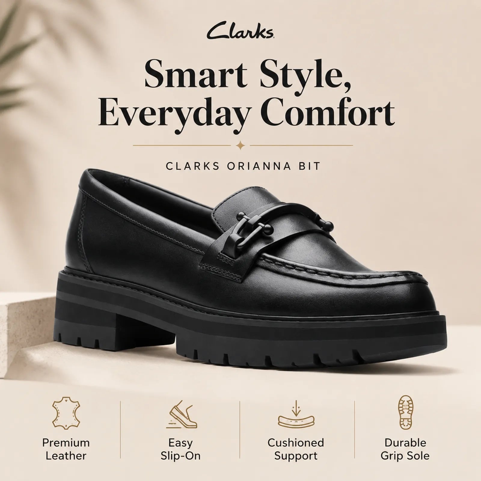 Women's black leather loafers with bit detail and chunky platform sole