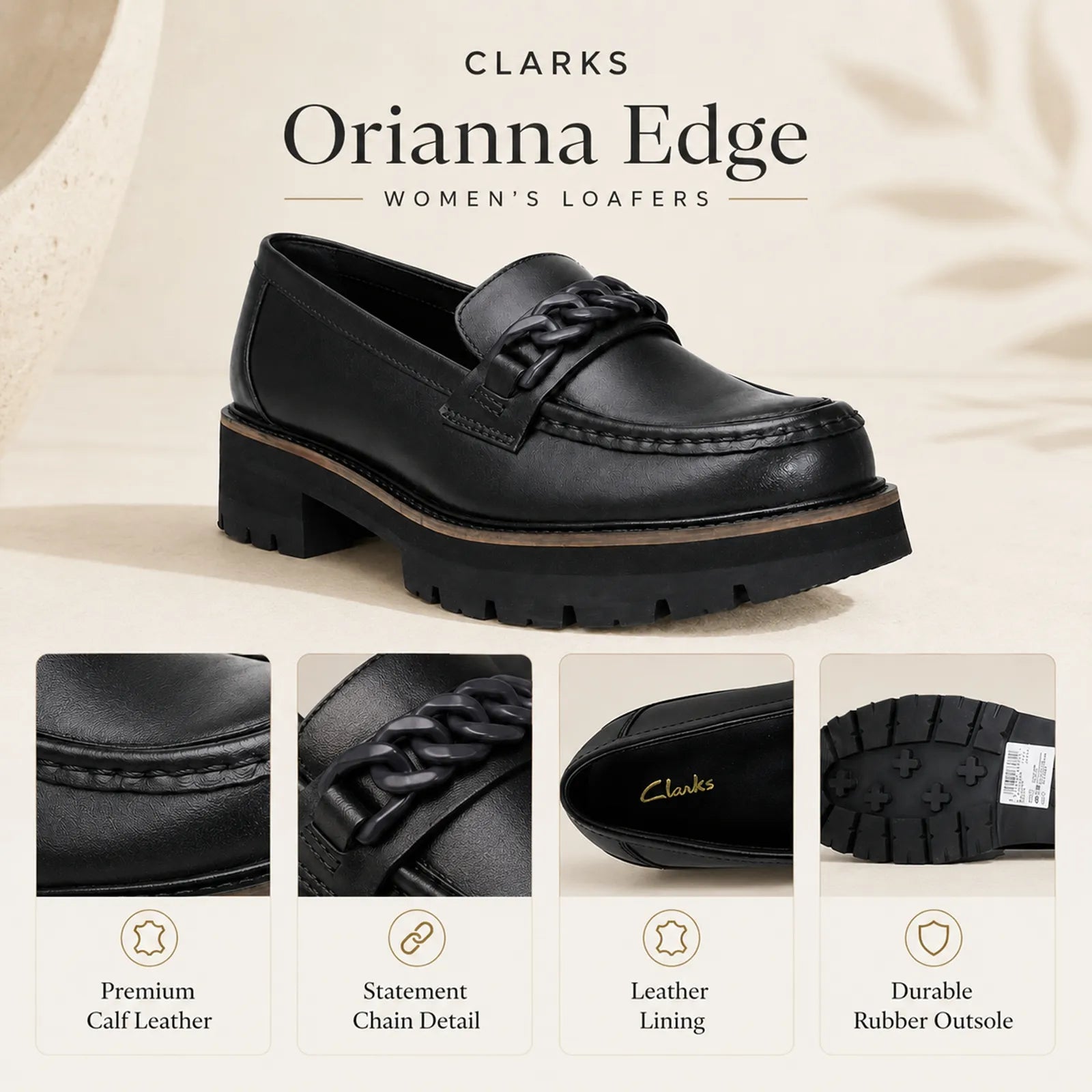 Women's black leather loafer closeups: chain detail, leather lining, rubber outsole