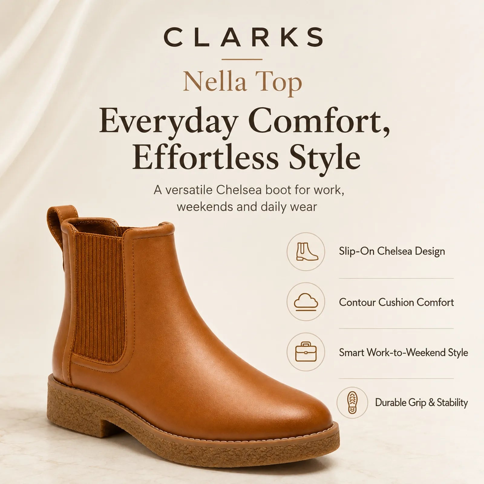 Brown leather slip-on Chelsea boots with elastic gore and textured grip sole