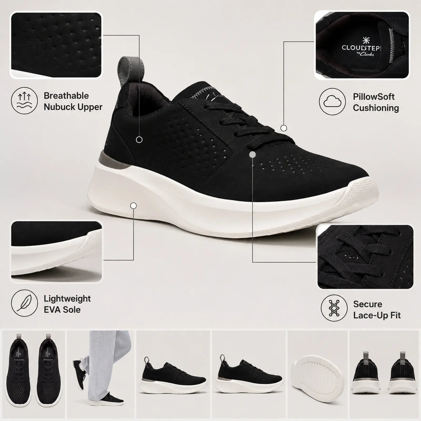 Men's black lace-up sneakers showing nubuck texture and white EVA sole