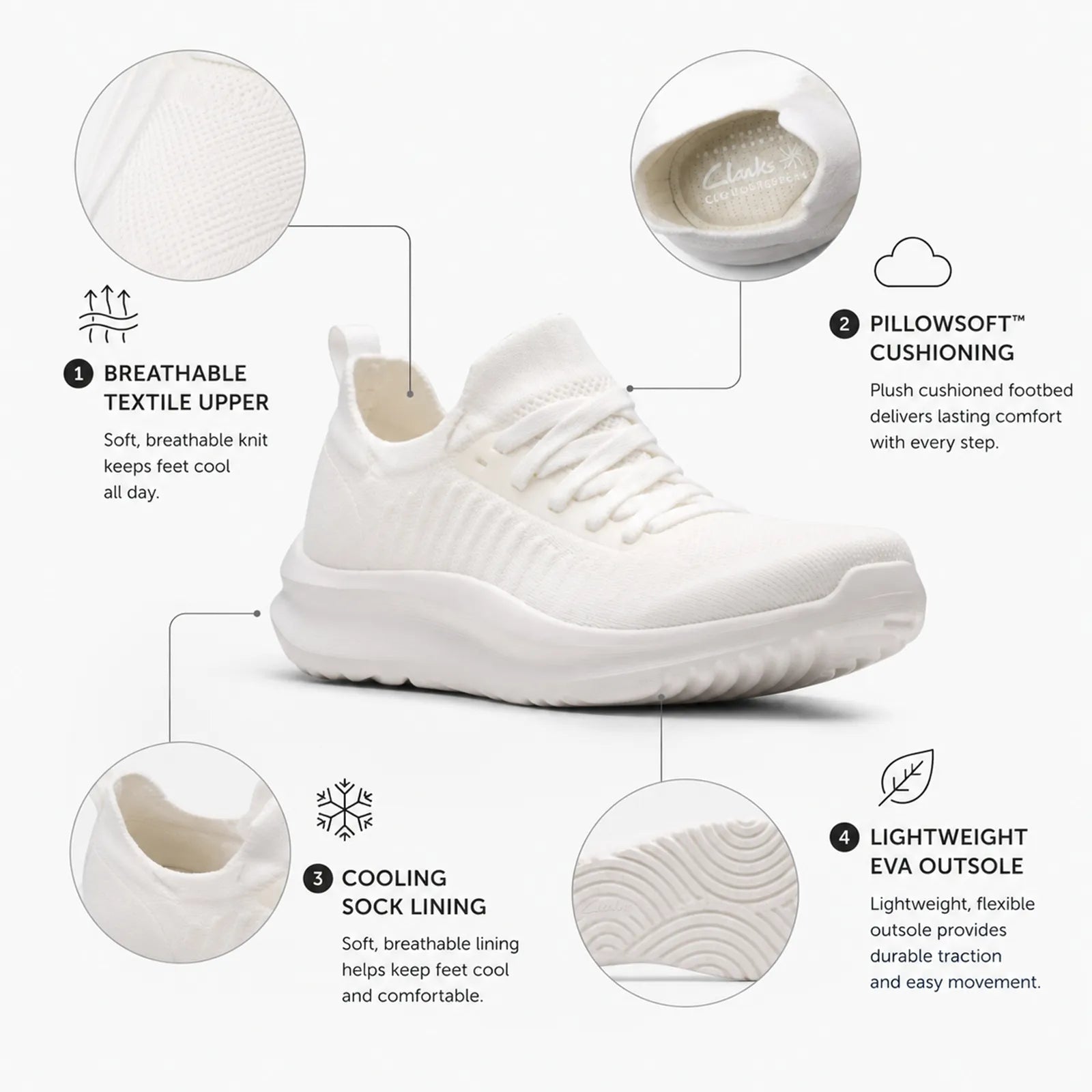 White knit lace-up sneaker with cushioned collar and molded sole