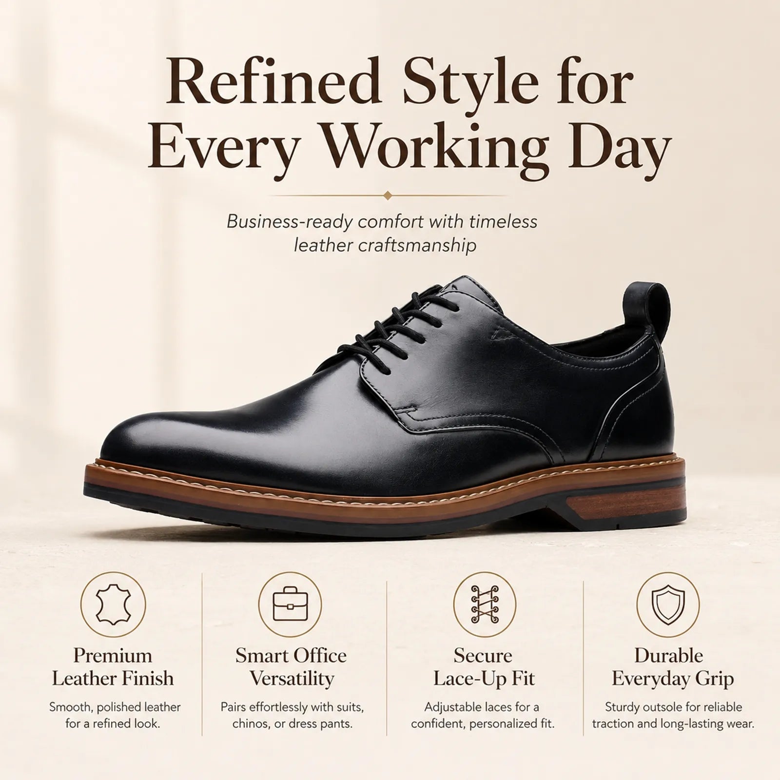 Men's dark leather lace-up office shoes, low-profile sole and stitch detailing