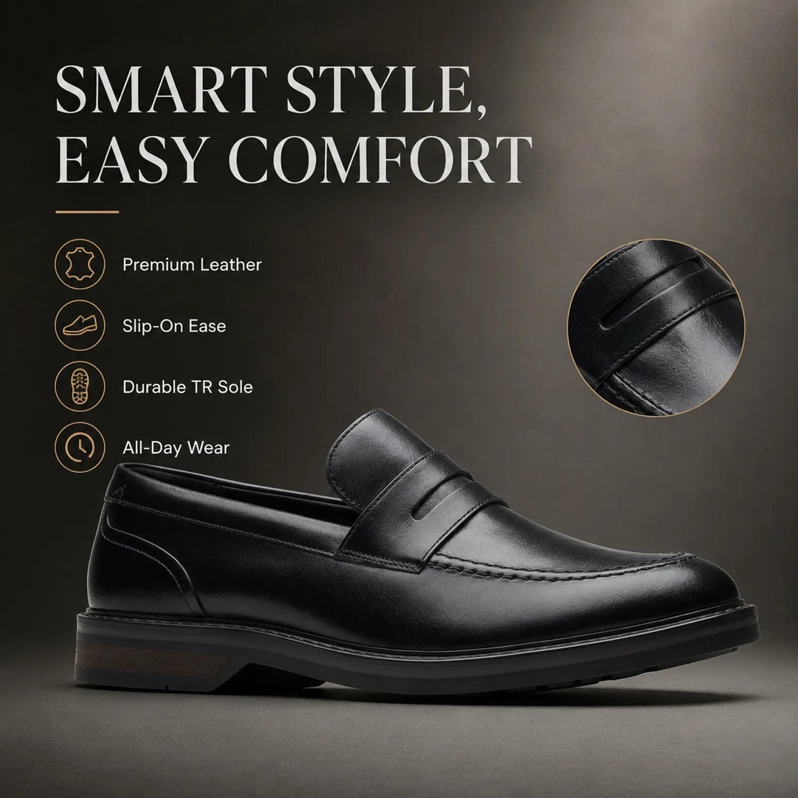 Men's black leather slip-on loafer with strap detail and cushioned sole