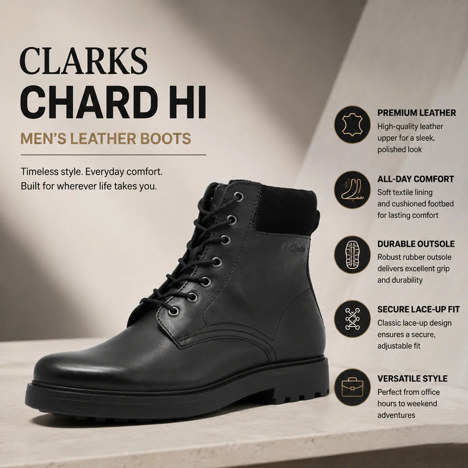 Black men's high-top leather lace-up boots with durable tread sole and side panel seam.