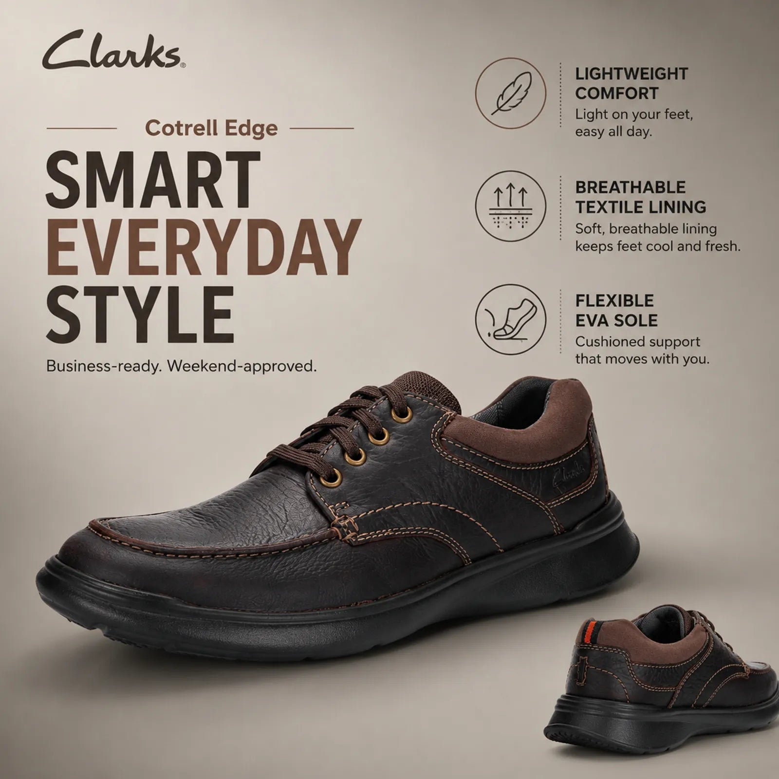 Men's dark brown leather lace-up business shoe with textured sole and tan stitching.