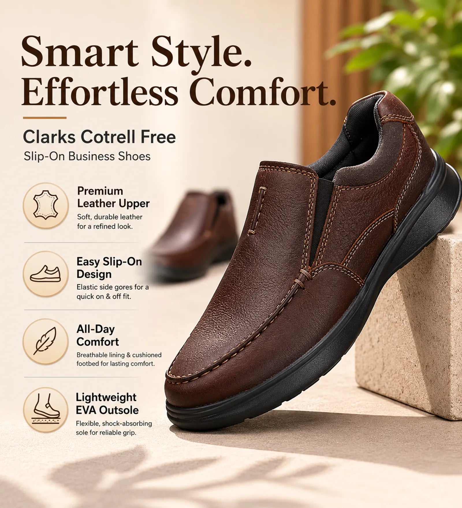Brown leather slip-on business shoe with cushioned design and black rubber outsole