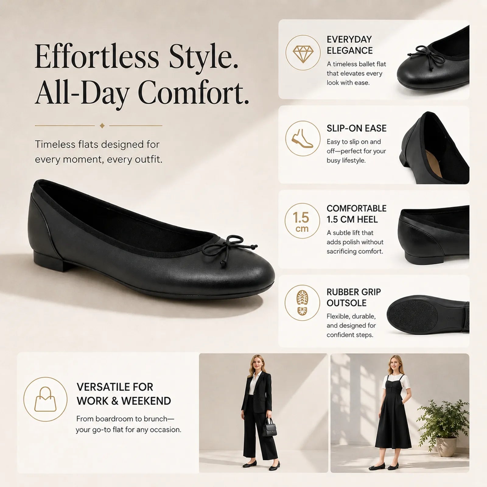 Black leather ballet flats with bow, low heel and smooth rounded toe