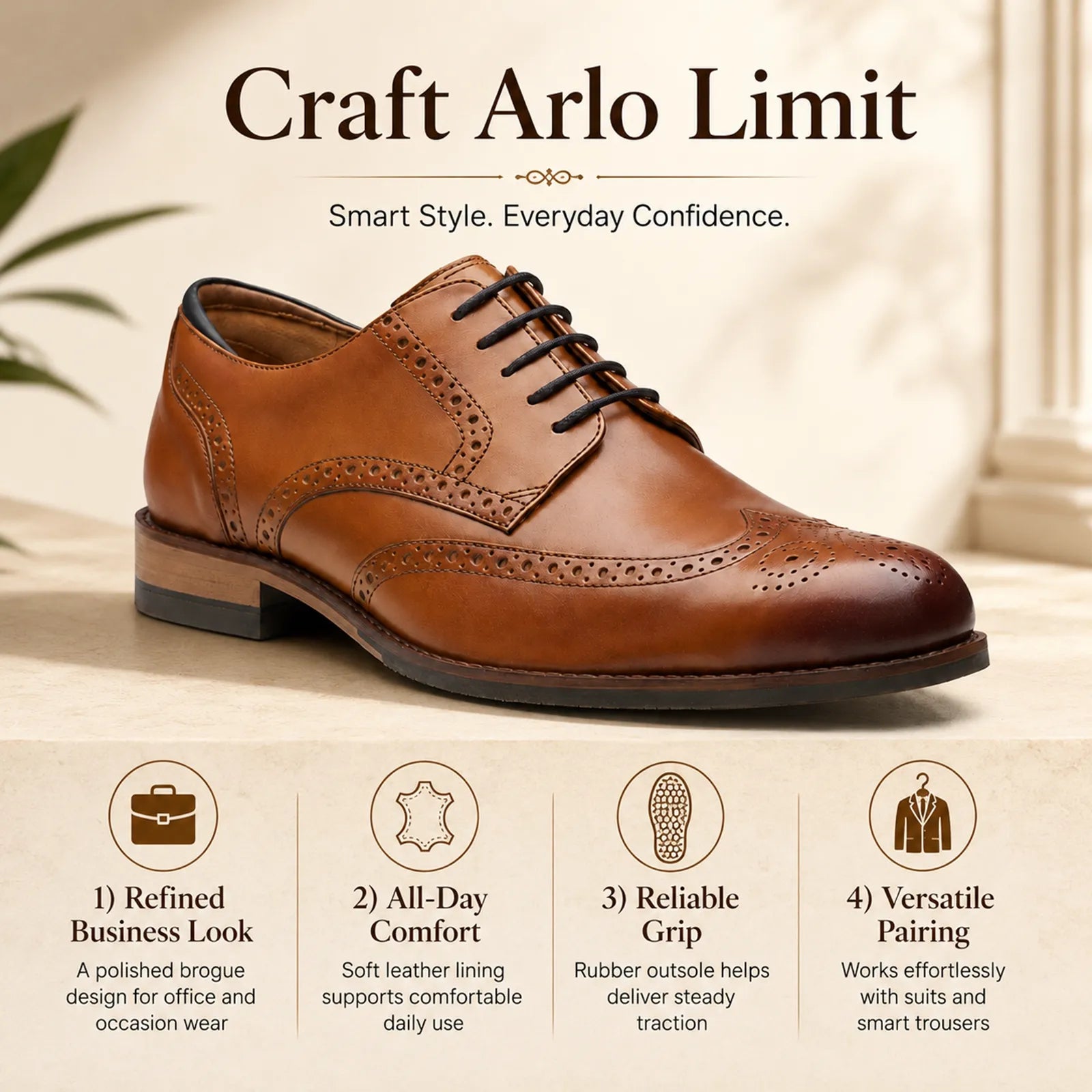 Brown leather lace-up business shoe with brogue stitching and low-profile sole