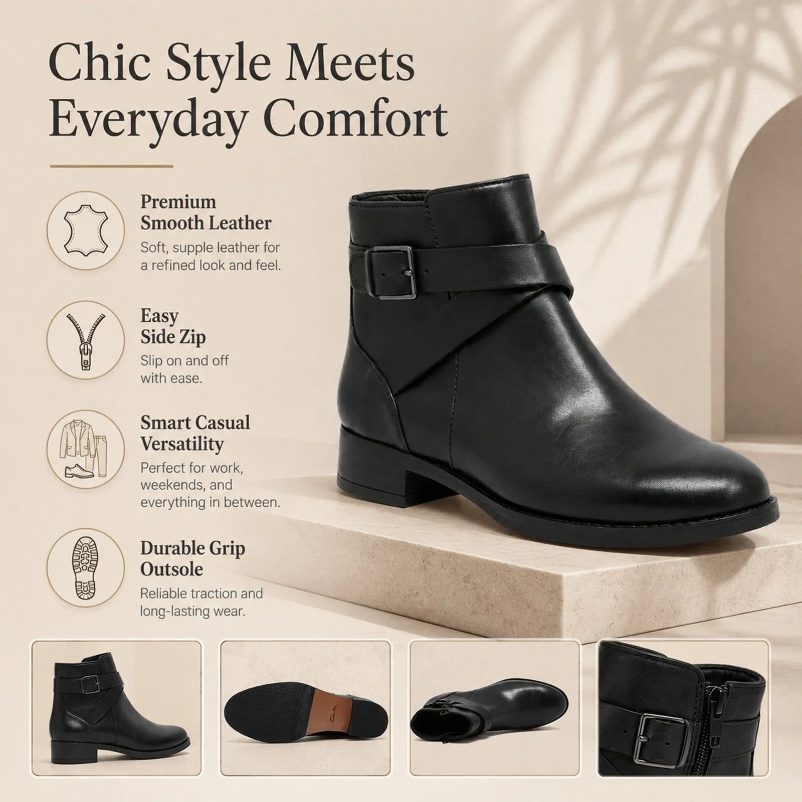Women’s black leather buckle ankle boots with block heel