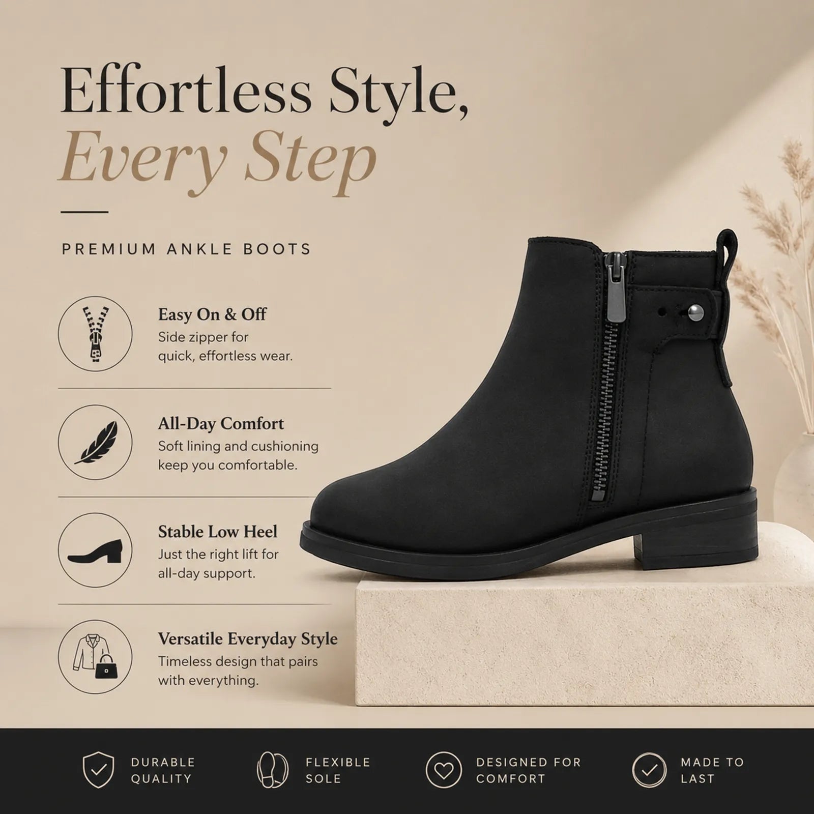 Women’s black leather ankle boot, side view with side zip, elastic goring, low heel