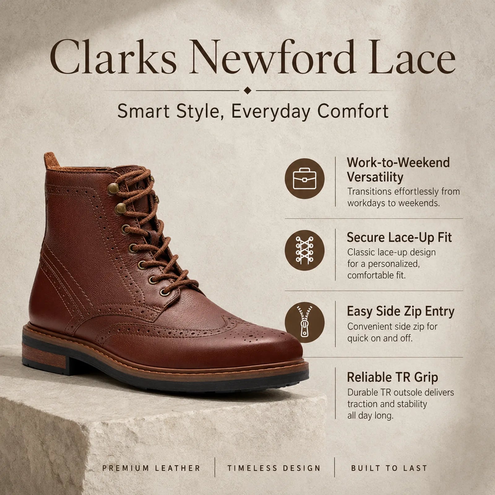 Men's brown leather lace-up ankle boot with thick sole and rounded toe