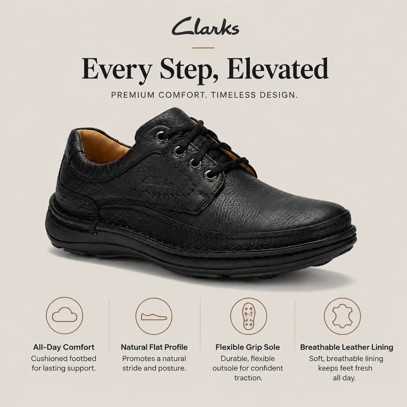 Men's black leather business shoes, lace-up front with cushioned sole profile