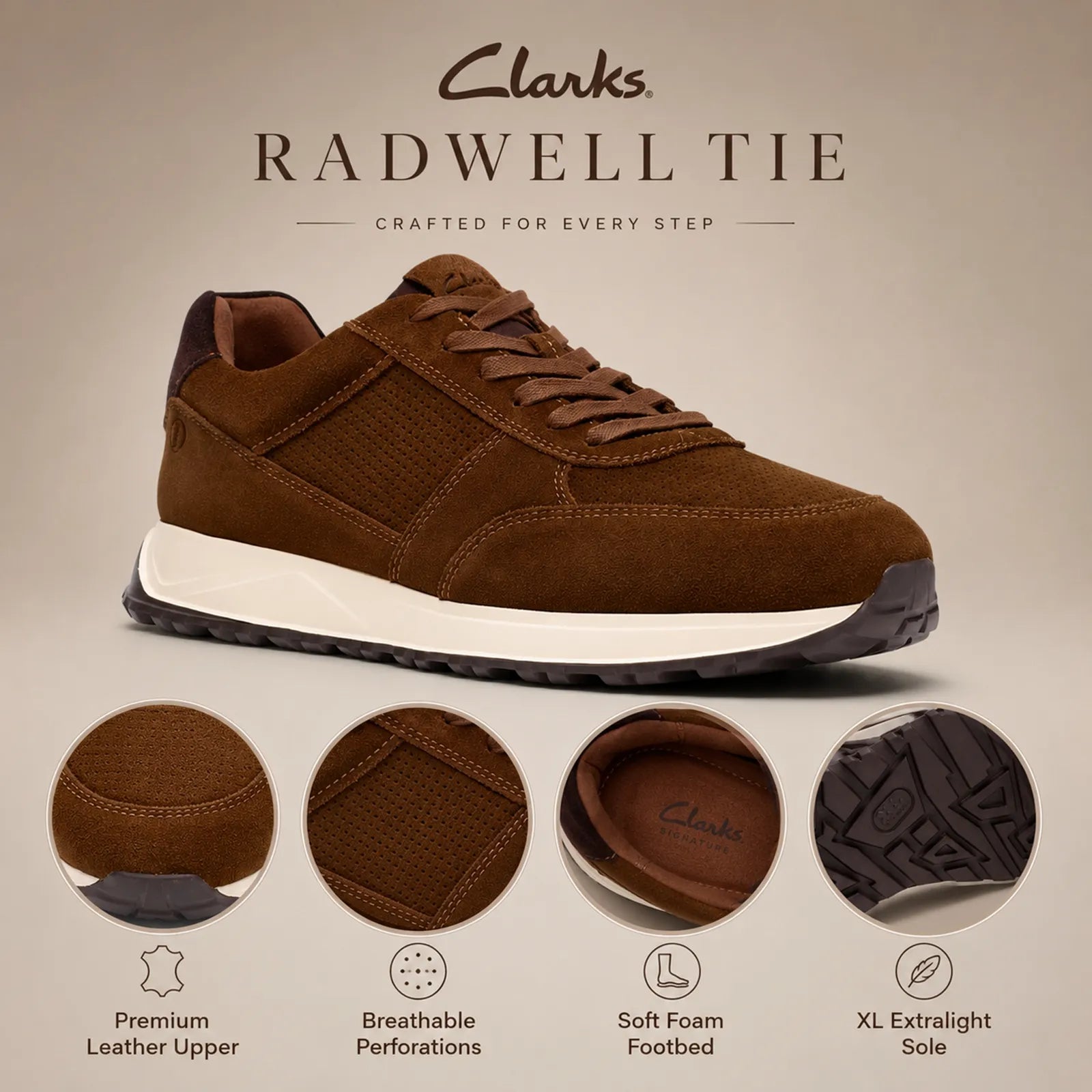 Men's brown suede lace-up sneakers with perforated side panels and white rubber sole