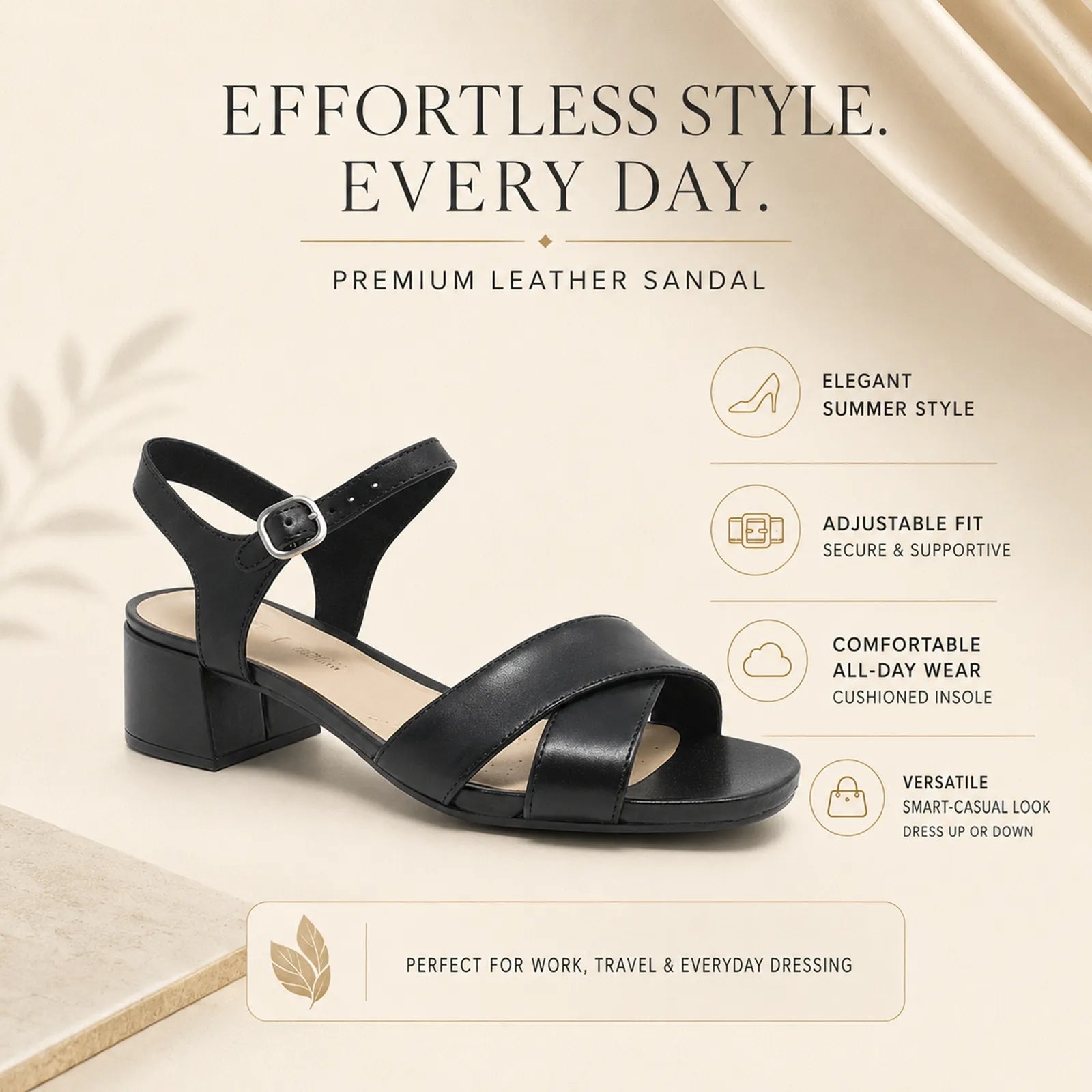 Black leather strappy sandals with adjustable buckle and cushioned insole