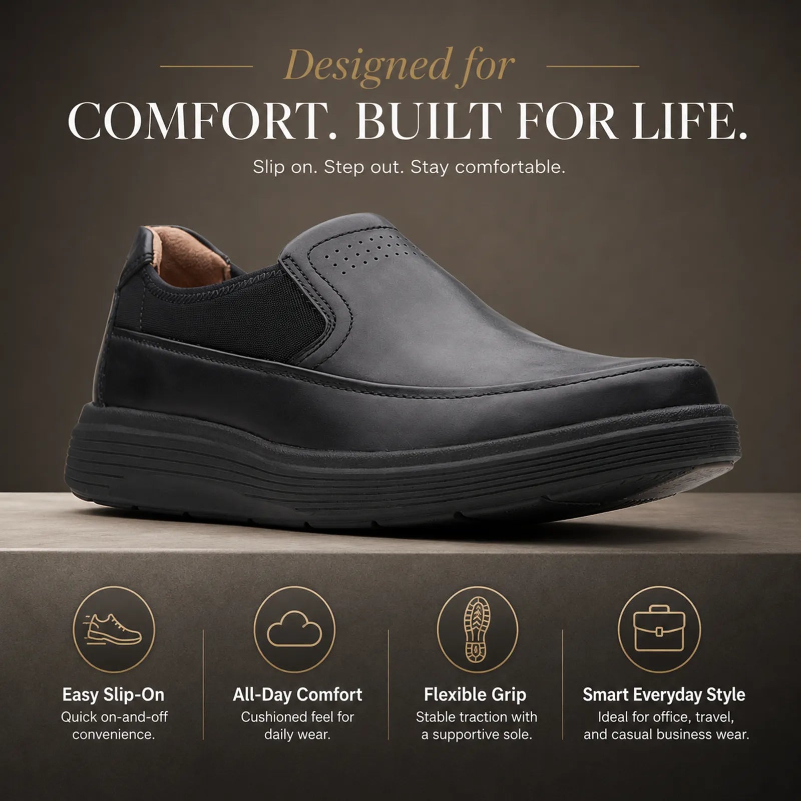 Men's leather slip-on business shoe in dark color with cushioned insole and tread sole