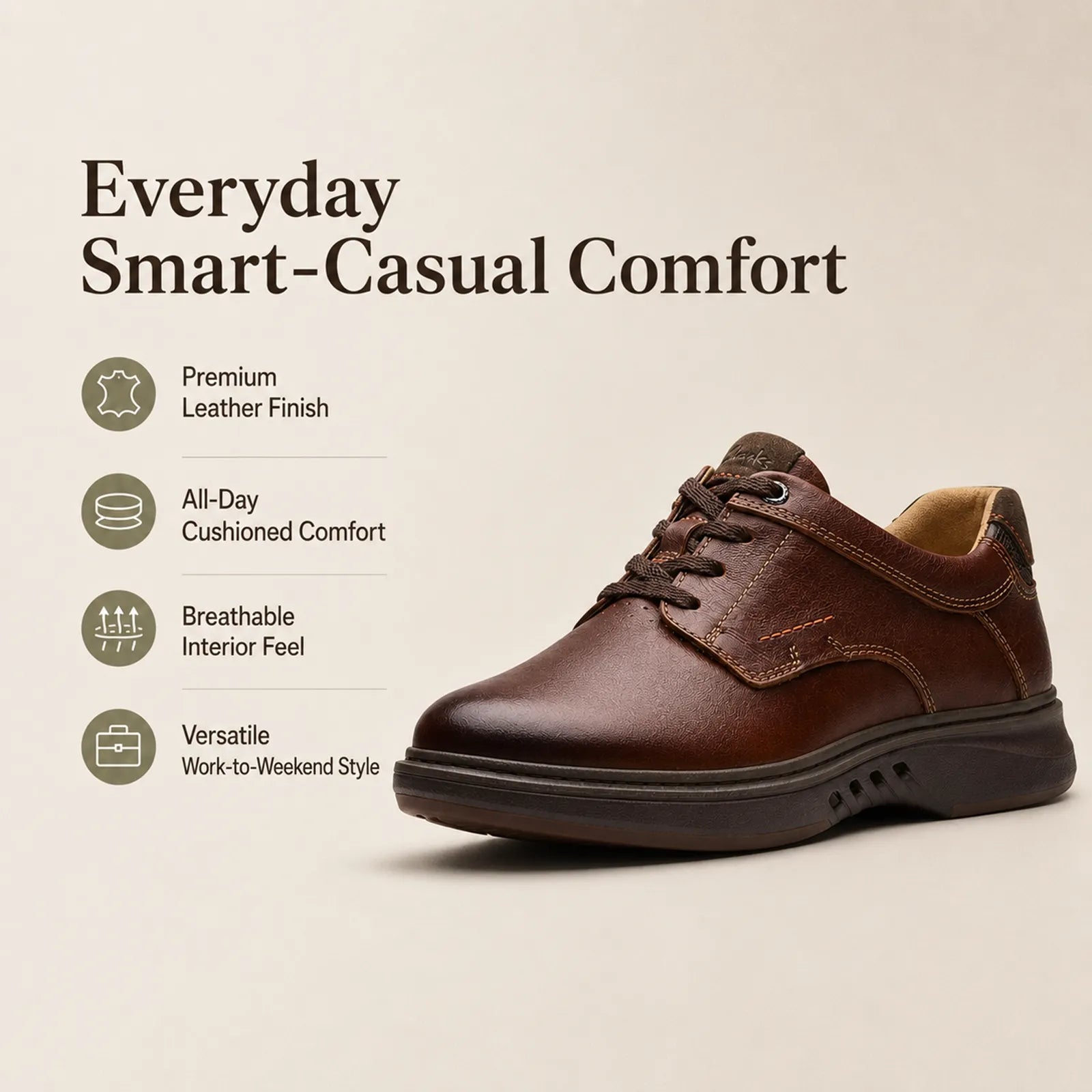 Clarks men's leather lace-up shoes, brown upper with grippy rubber sole