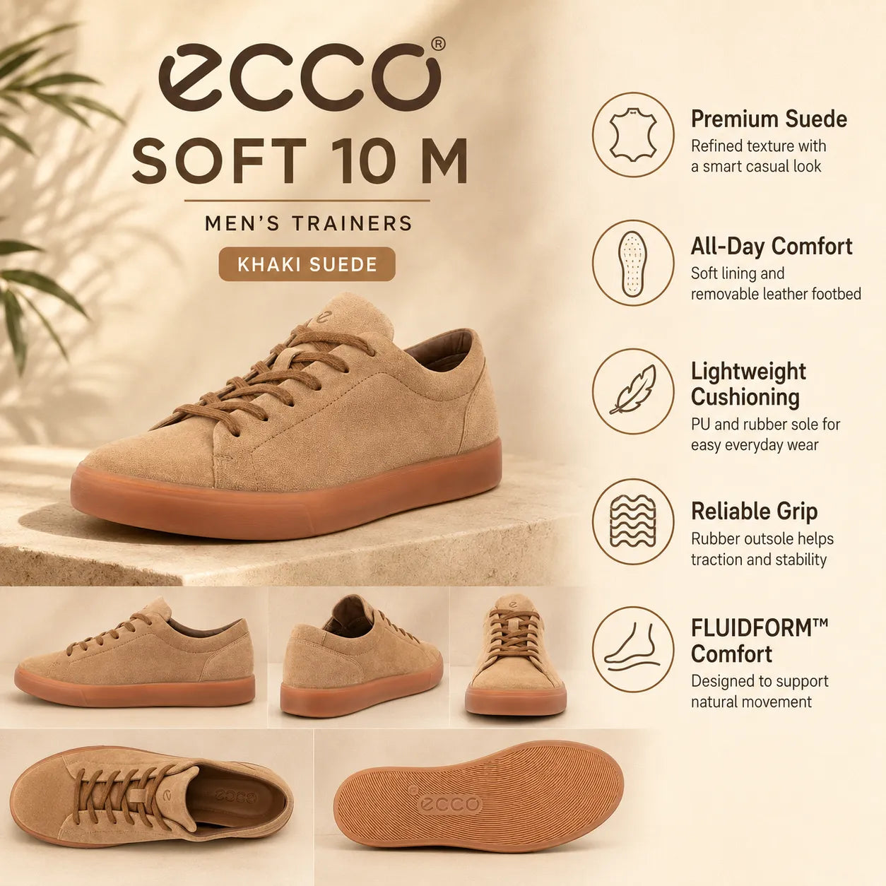 Men's tan suede lace-up sneakers, with all-day comfort removable footbed