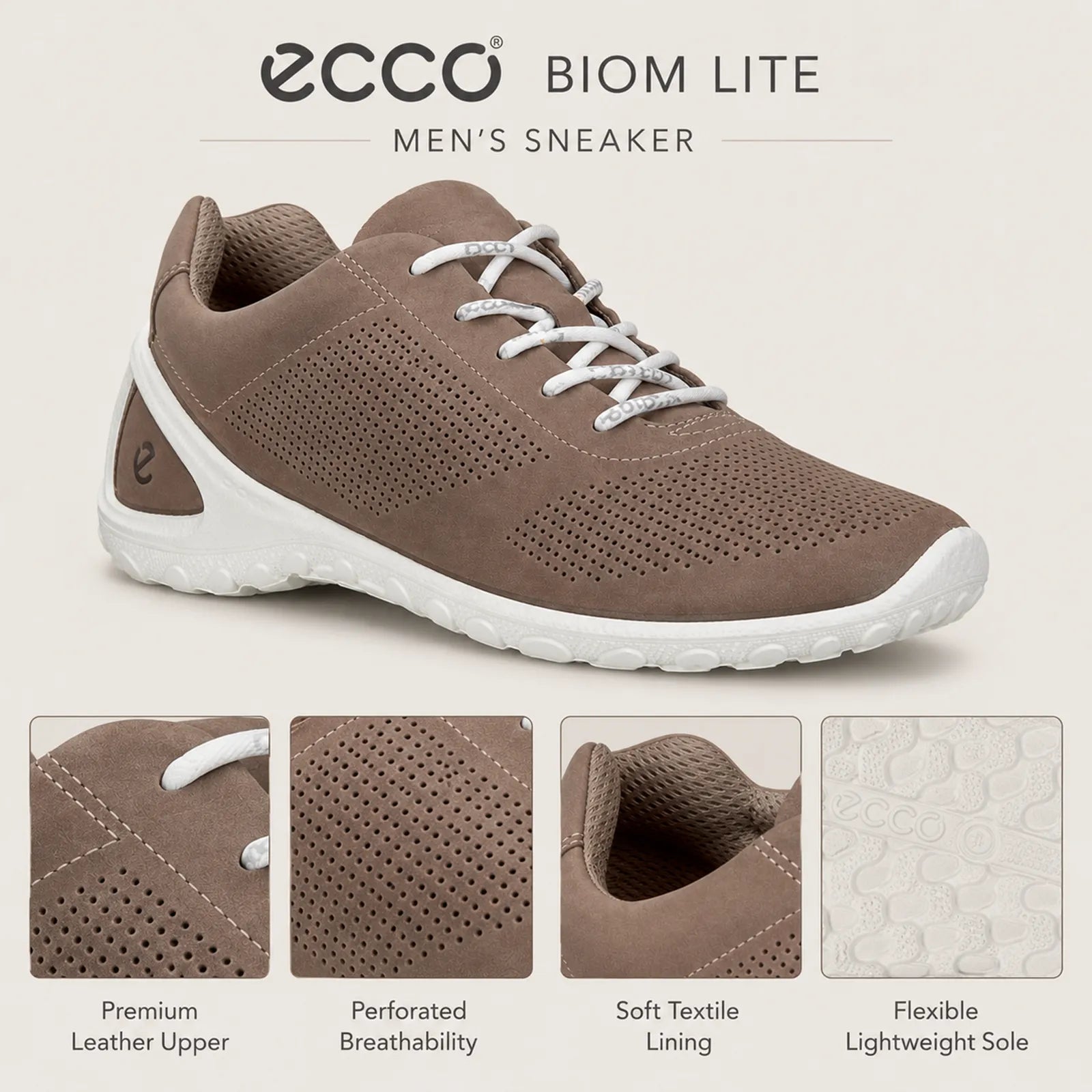 Men's leather sneakers, brown perforated upper with white laces and cushioned sole
