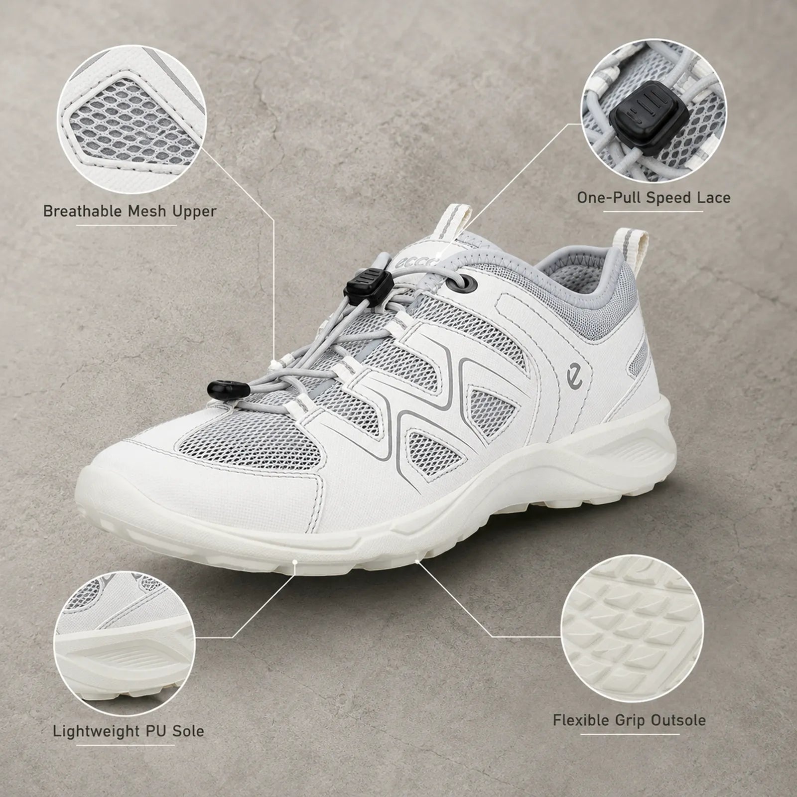 Women's white mesh sneakers with lace-up and flexible grip outsole