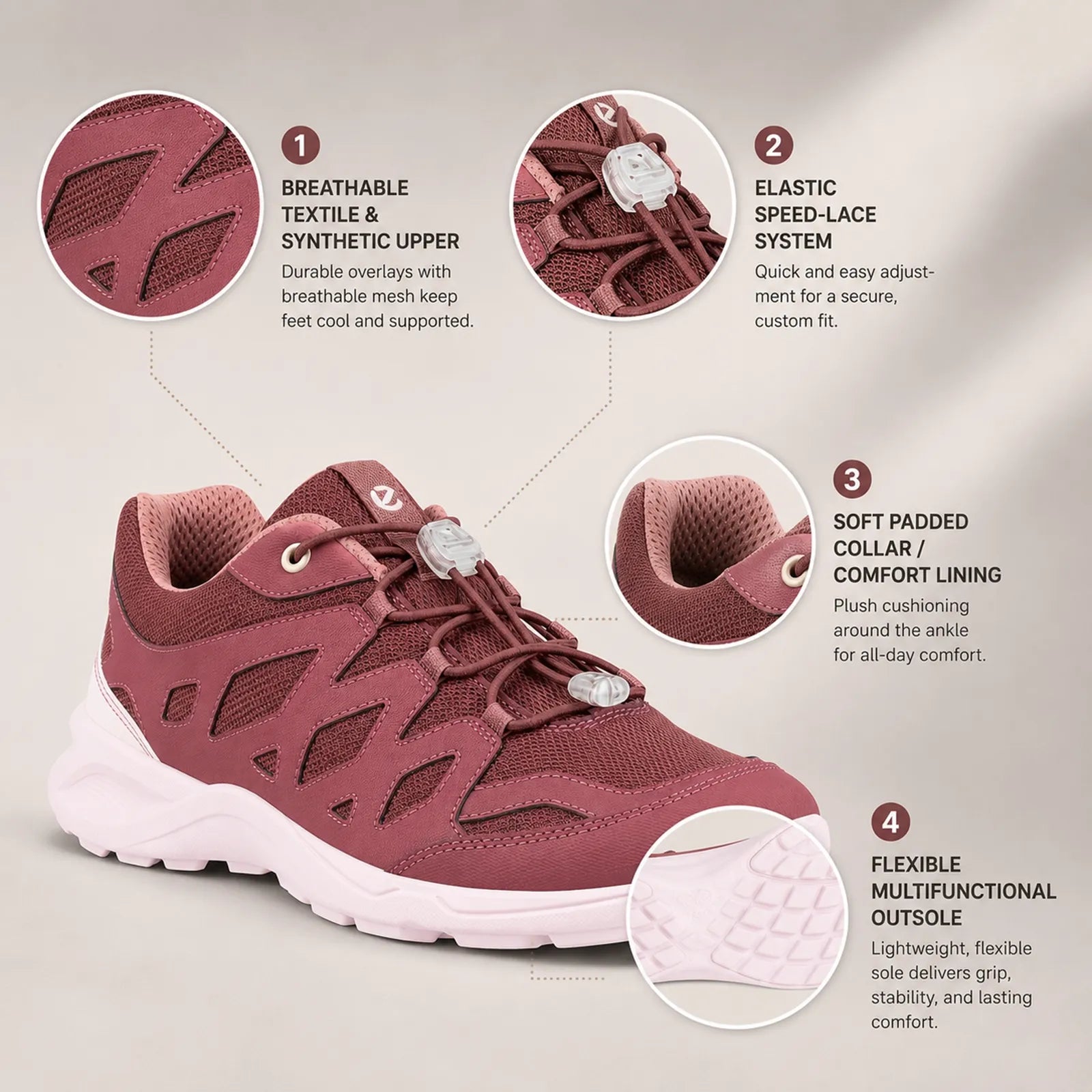 Women's lightweight outdoor sneakers in dark burgundy, lace-up with padded collar and traction tread
