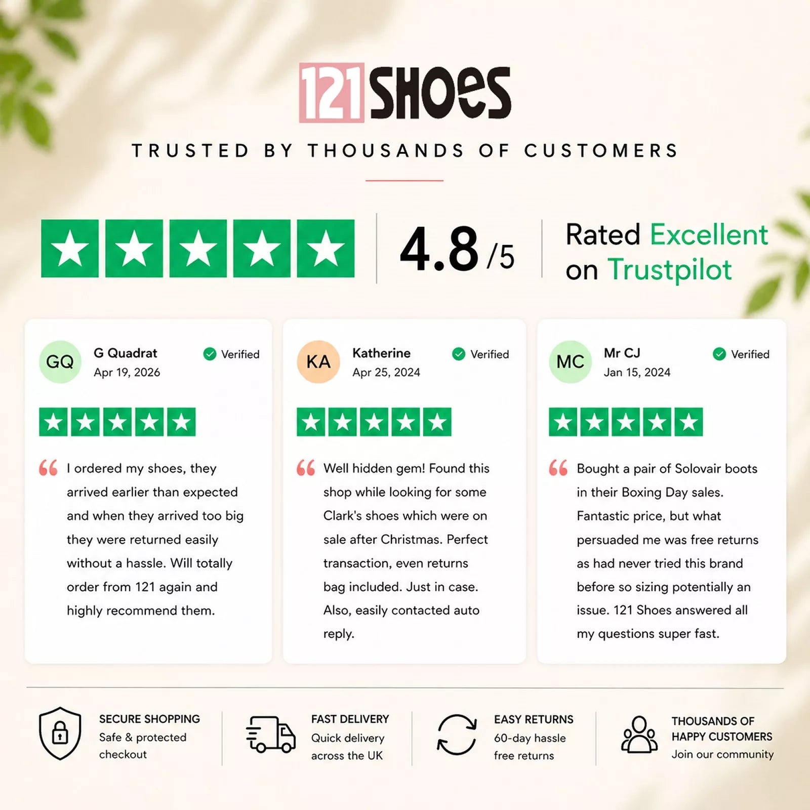 Trustpilot customer rating 4.8 out of 5 stars, verified reviews for 121Shoes UK