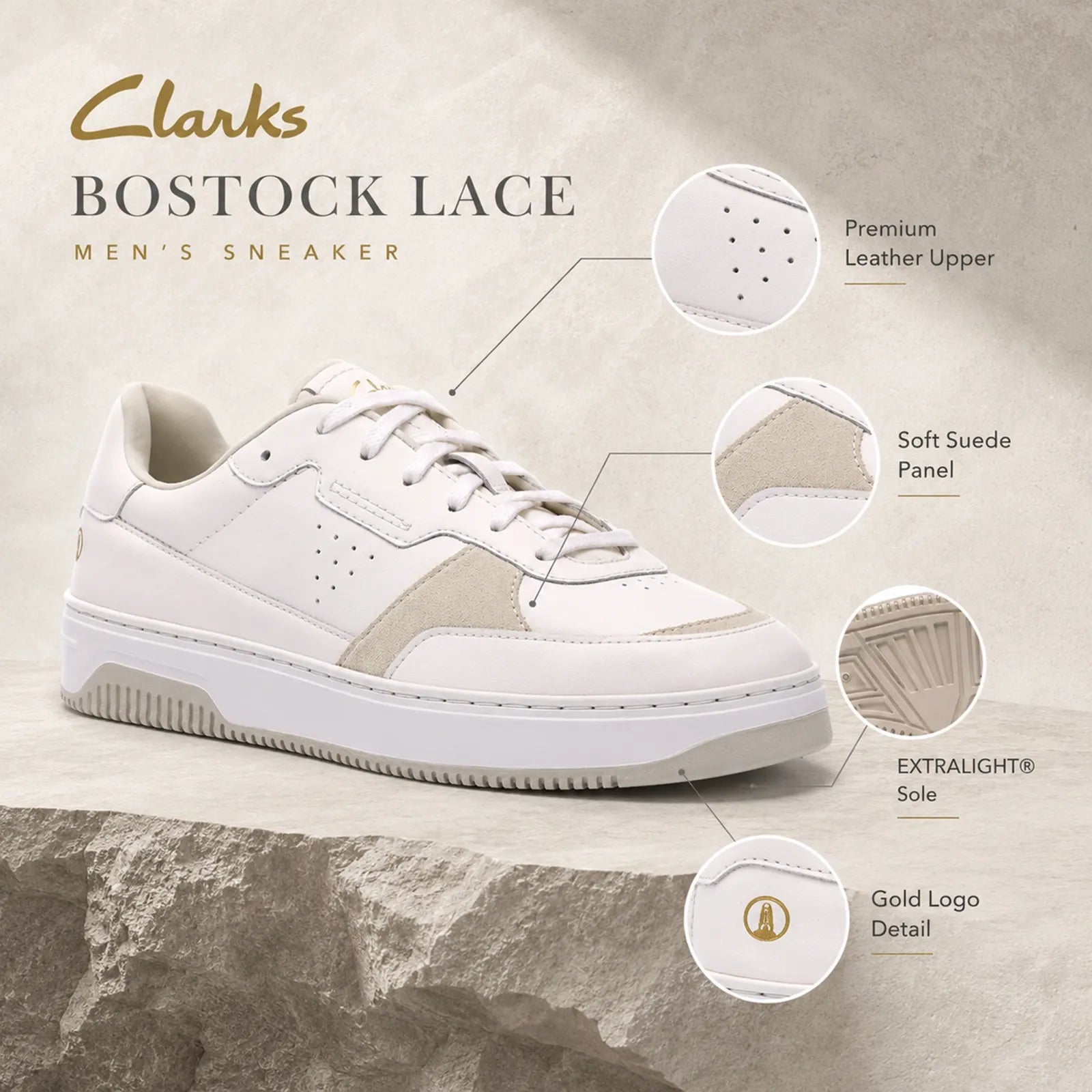 Close-up detail of Clarks Bostock Lace white leather upper and premium logo detailing