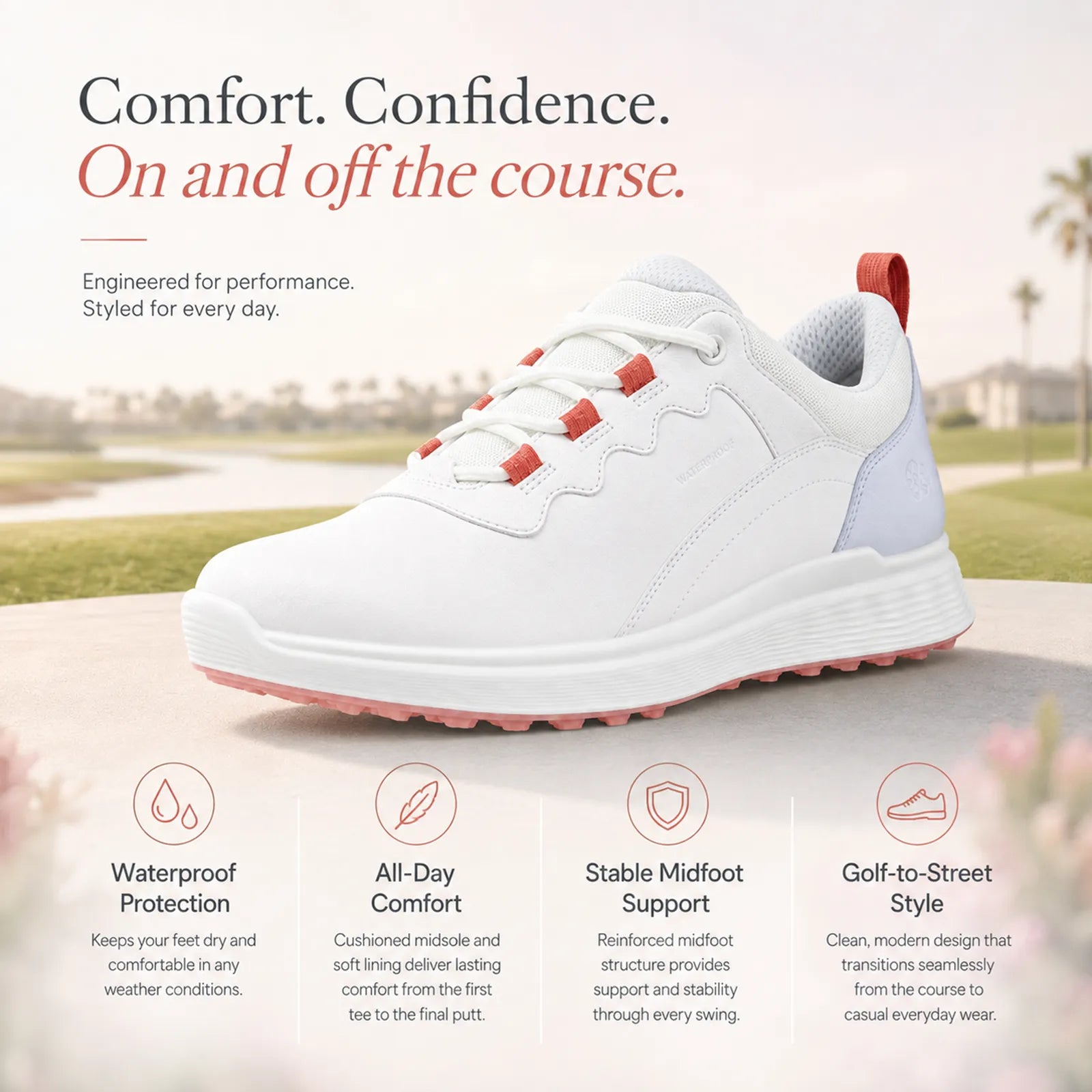 Close-up detail of ECCO Golf S-Casual white leather upper and outsole design