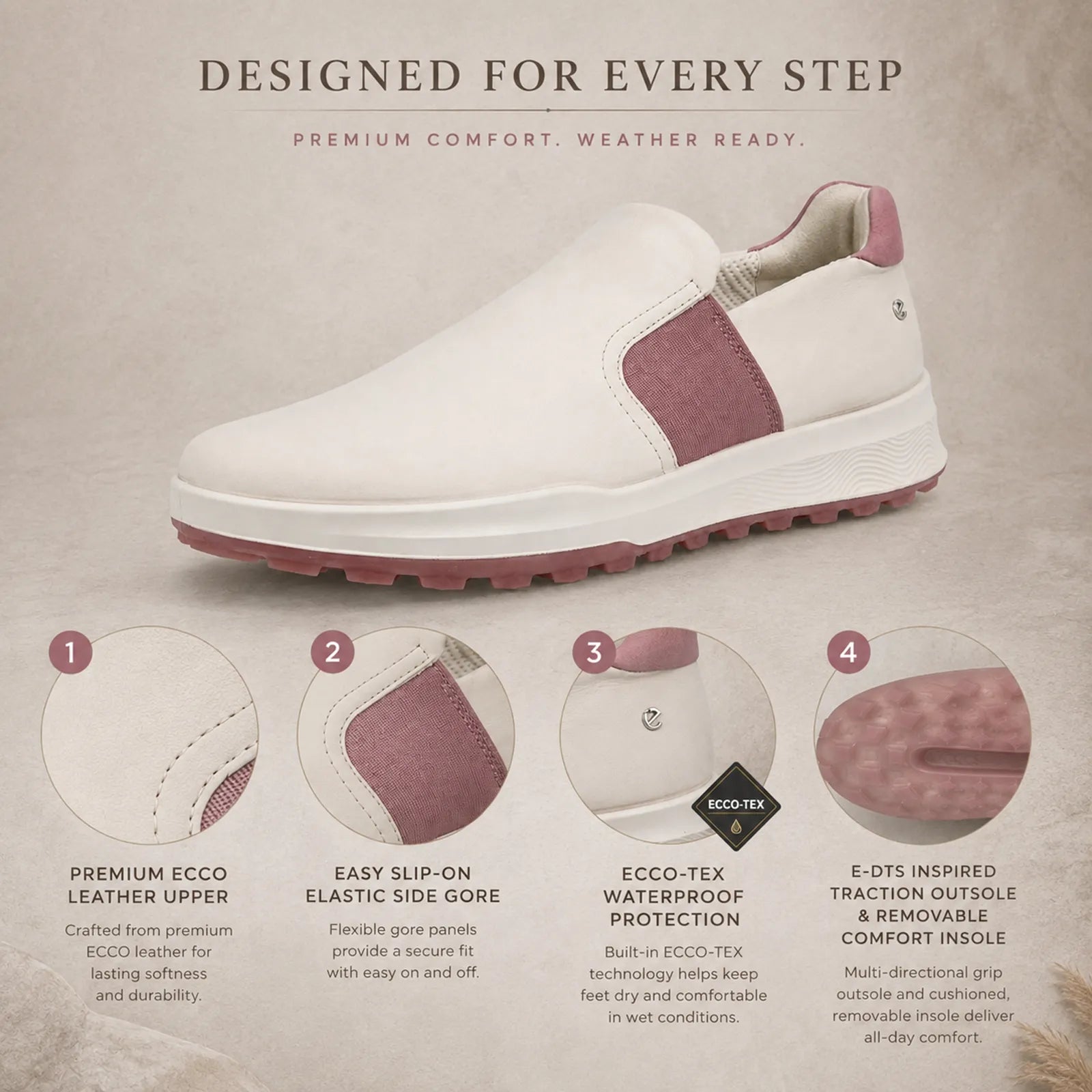 Close-up detail of ECCO Golf Street Vibe beige leather upper and slip on construction