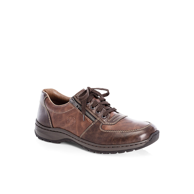 Men's brown leather zip casual sneakers with lace-up and stitched overlays