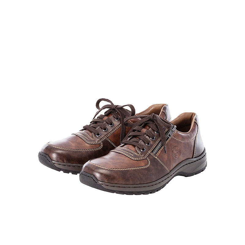 Men's brown leather lace-up casual sneakers with stitched panels and rugged sole