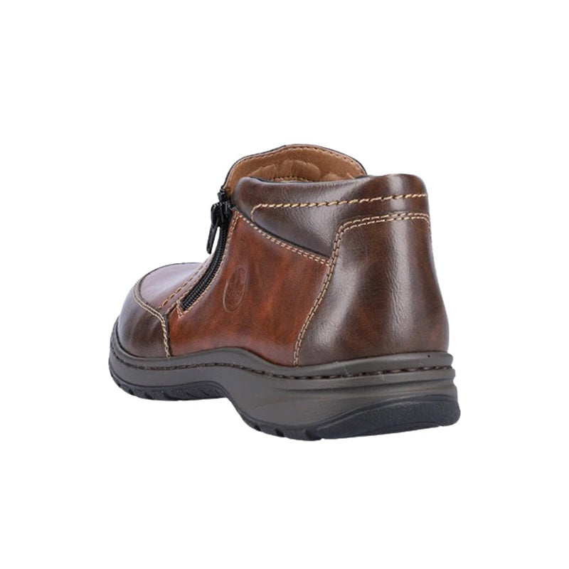 Men's brown ankle boots with side zipper, stitched heel and rubber outsole