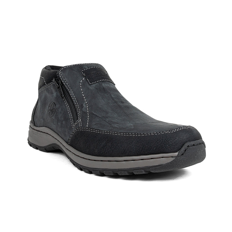 Men's dark grey ankle boots with side zipper, stitched panels, rubber sole