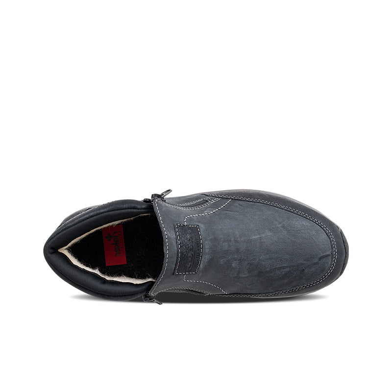 Men's grey ankle boot showing interior lining and side zipper