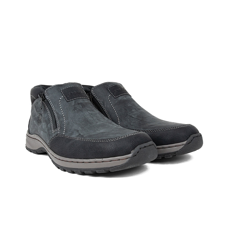 Pair of men's grey ankle boots with side zipper and textured rubber outsole